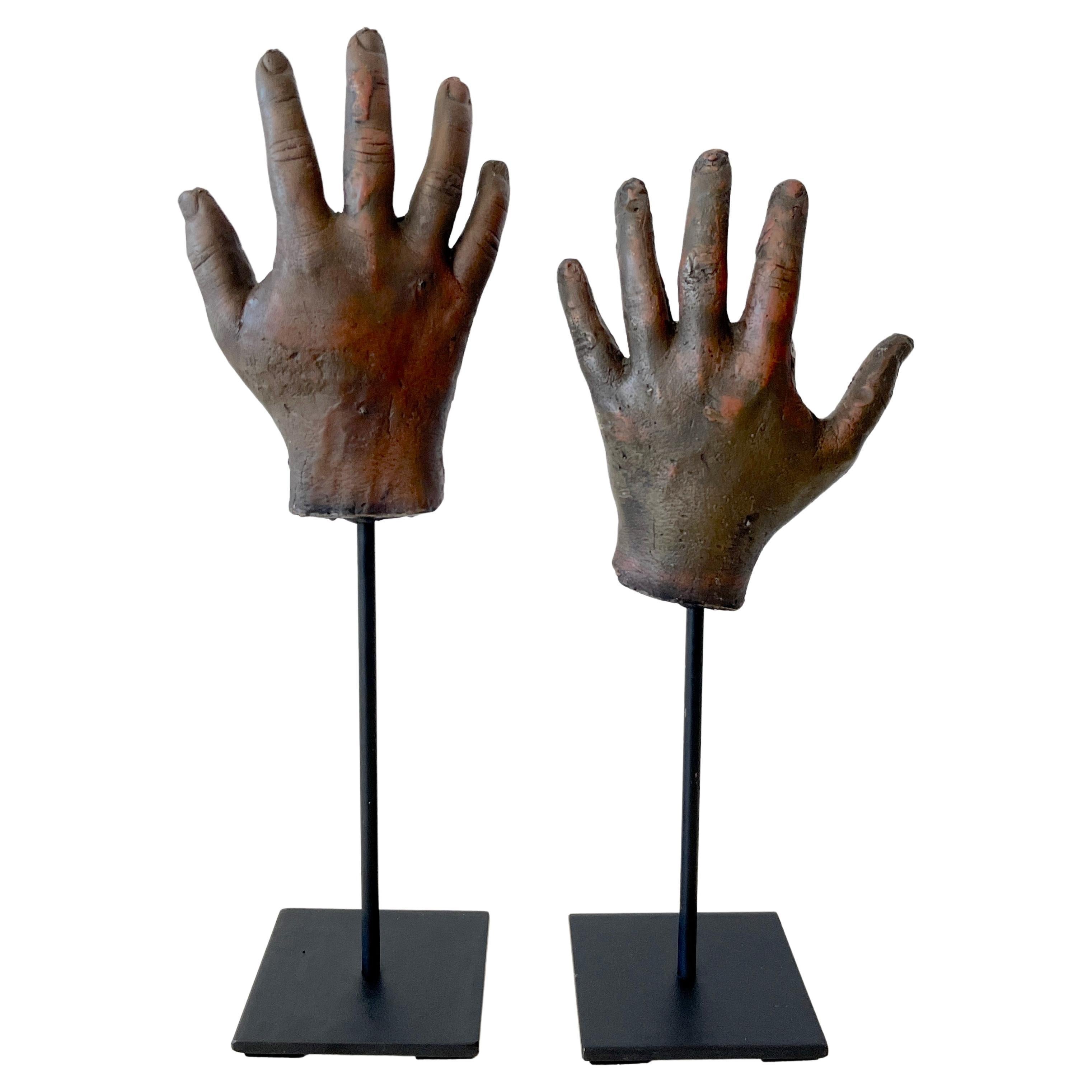 Pair of American Bronze Folk Art Maquettes of Hands, Museum Mounted For Sale