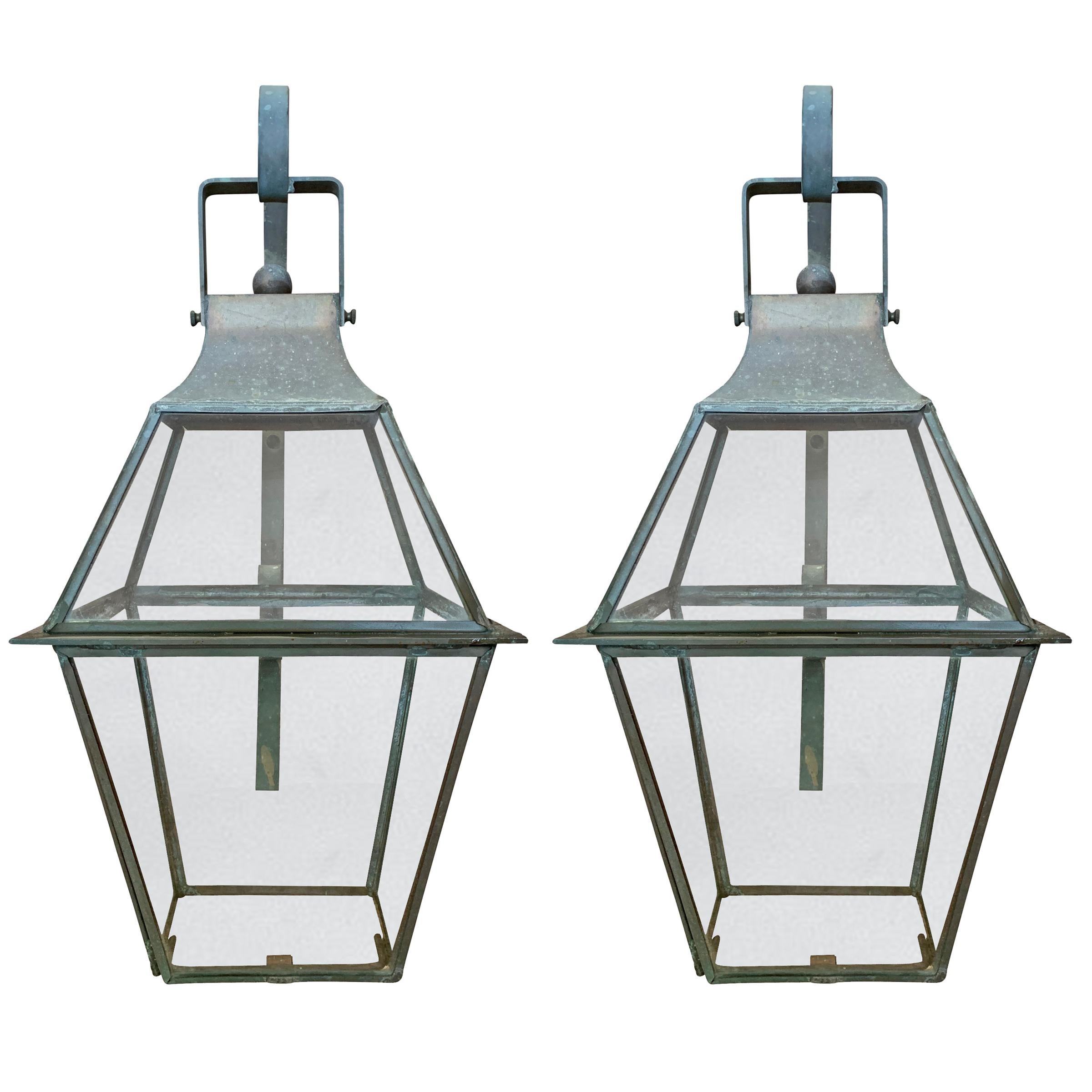 Pair of American Bronze Lantern Sconces For Sale at 1stDibs