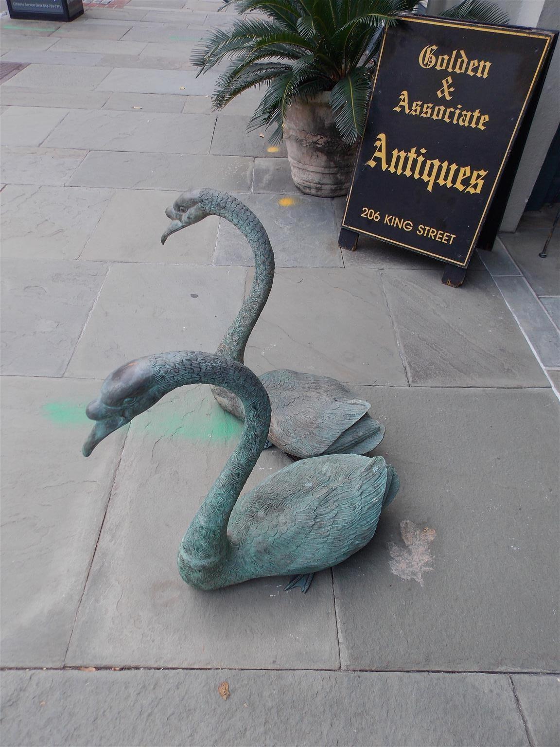 American Empire Pair of American Bronze Swan Form Garden Fountains Plumed. Circa 1850