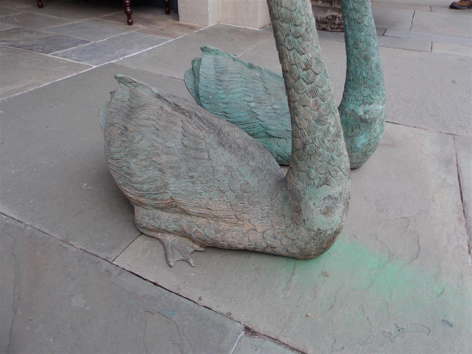 Pair of American Bronze Swan Form Garden Fountains Plumed. Circa 1850 In Excellent Condition In Hollywood, SC