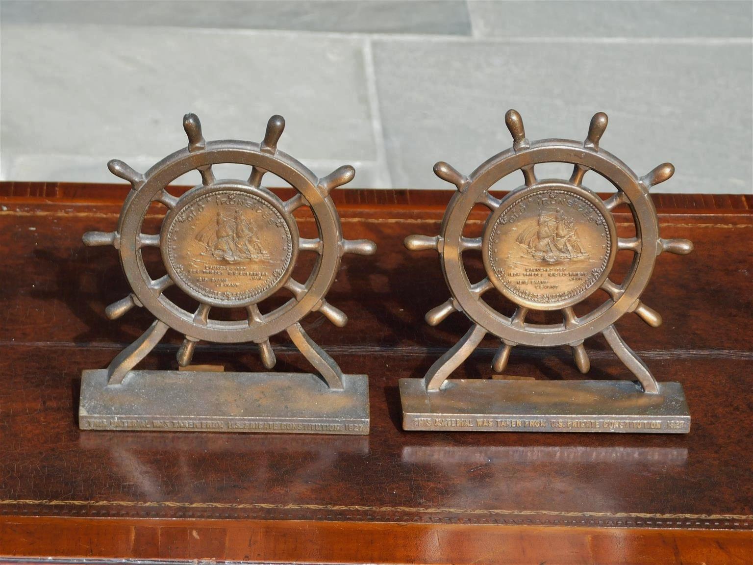 Pair of American bronze USS Constitution ship wheel bookends 