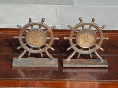 Pair of American Bronze USS Constitution Ship Wheel Bookends Ironside, C. 1927