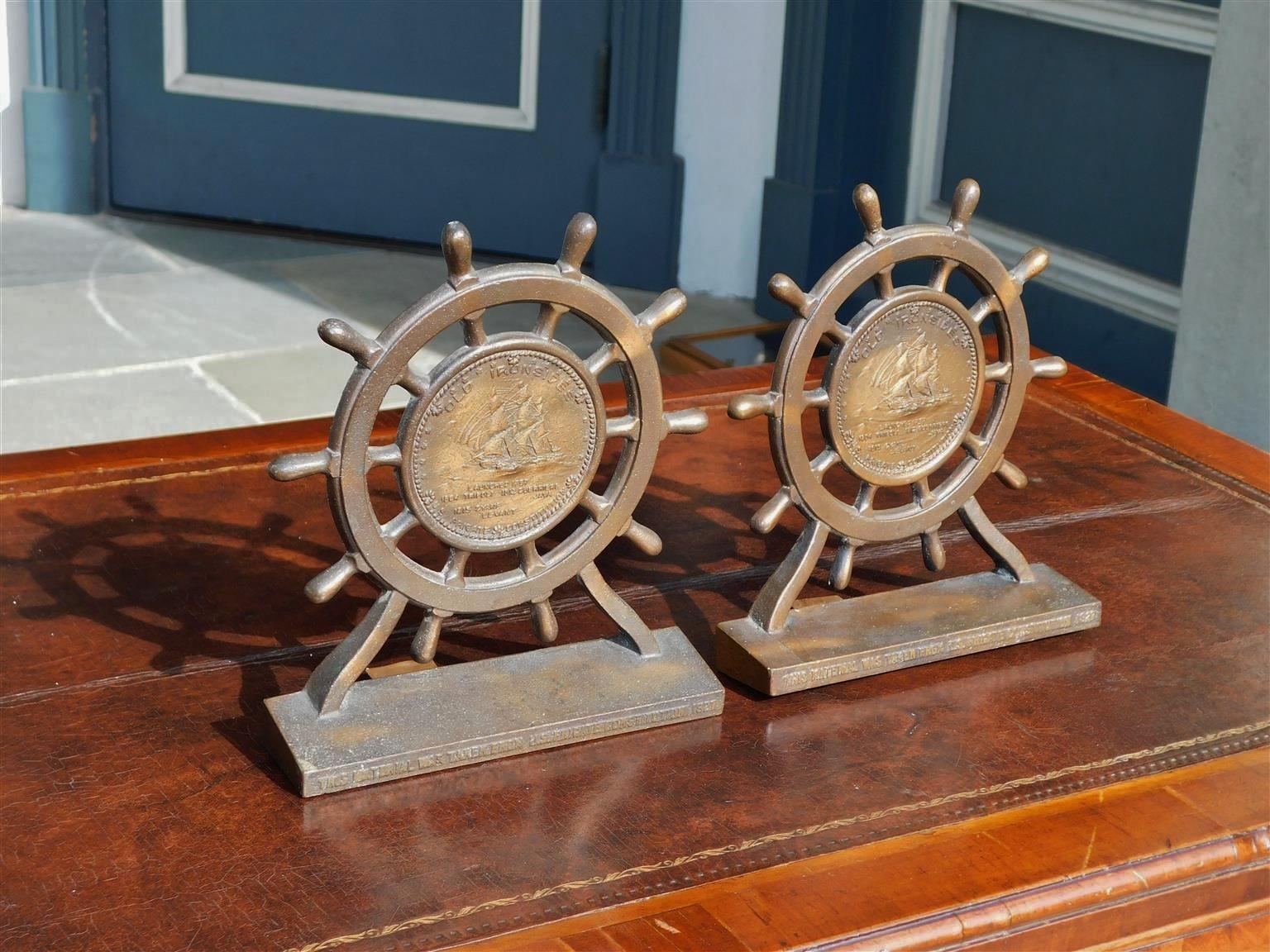Folk Art Pair of American Bronze USS Constitution Ship Wheel Bookends Ironside, C. 1927