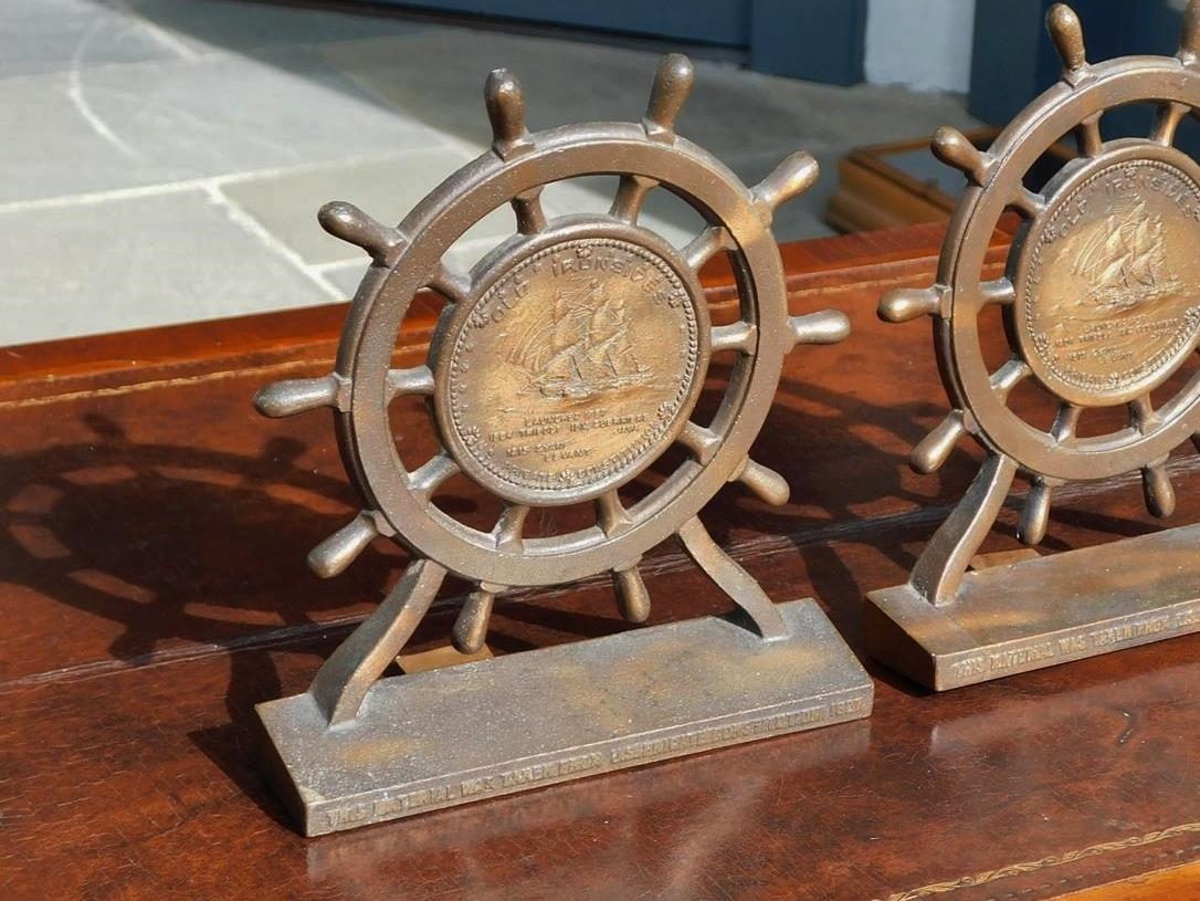 Cast Pair of American Bronze USS Constitution Ship Wheel Bookends Ironside, C. 1927