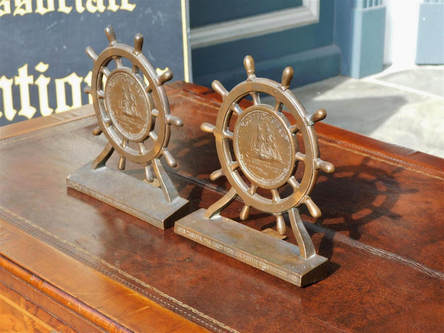 Pair of American Bronze USS Constitution Ship Wheel Bookends Ironside, C. 1927 1