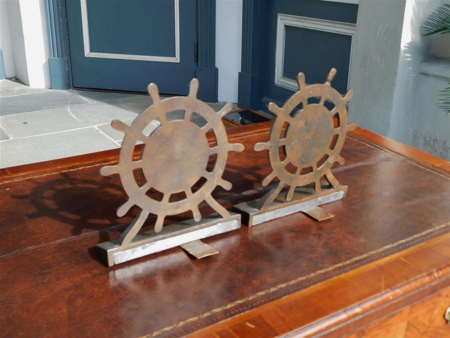 Pair of American Bronze USS Constitution Ship Wheel Bookends Ironside, C. 1927 2