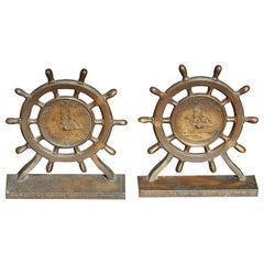 Pair of American Bronze USS Constitution Ship Wheel Bookends Ironside, C. 1927