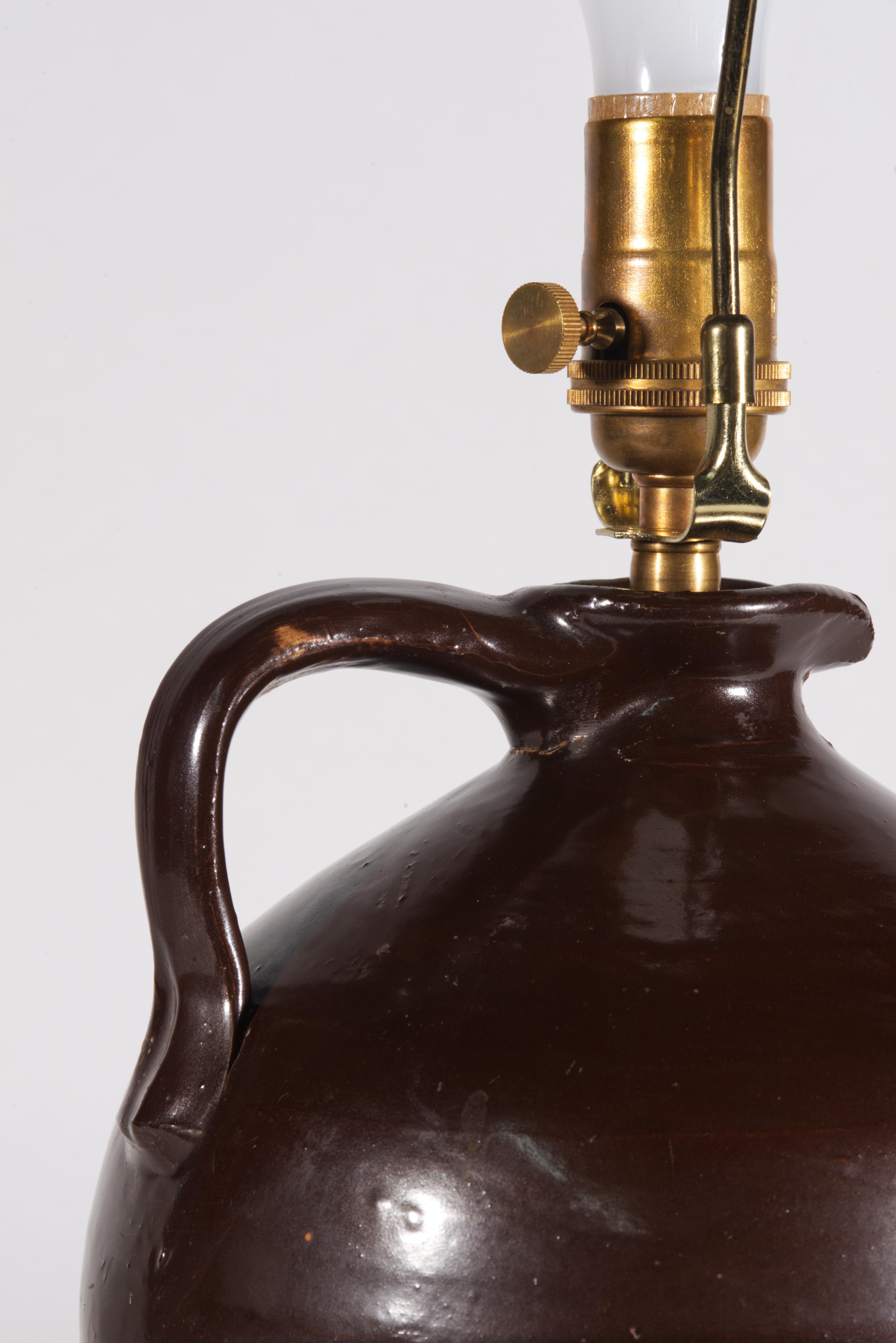 Pair of American Brown Stoneware Crock Jug Table Lamps For Sale 4