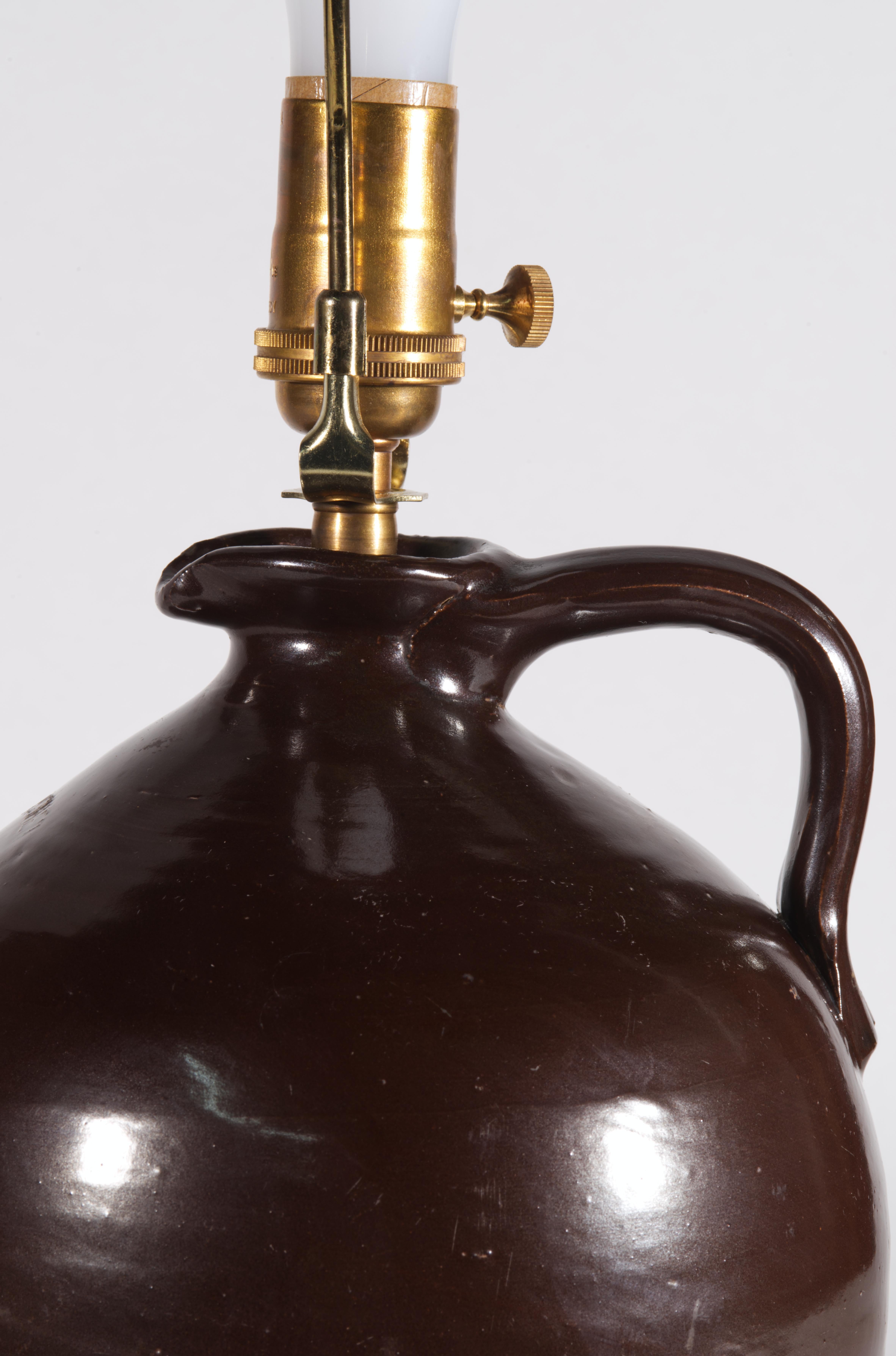 Pair of American Brown Stoneware Crock Jug Table Lamps For Sale 5