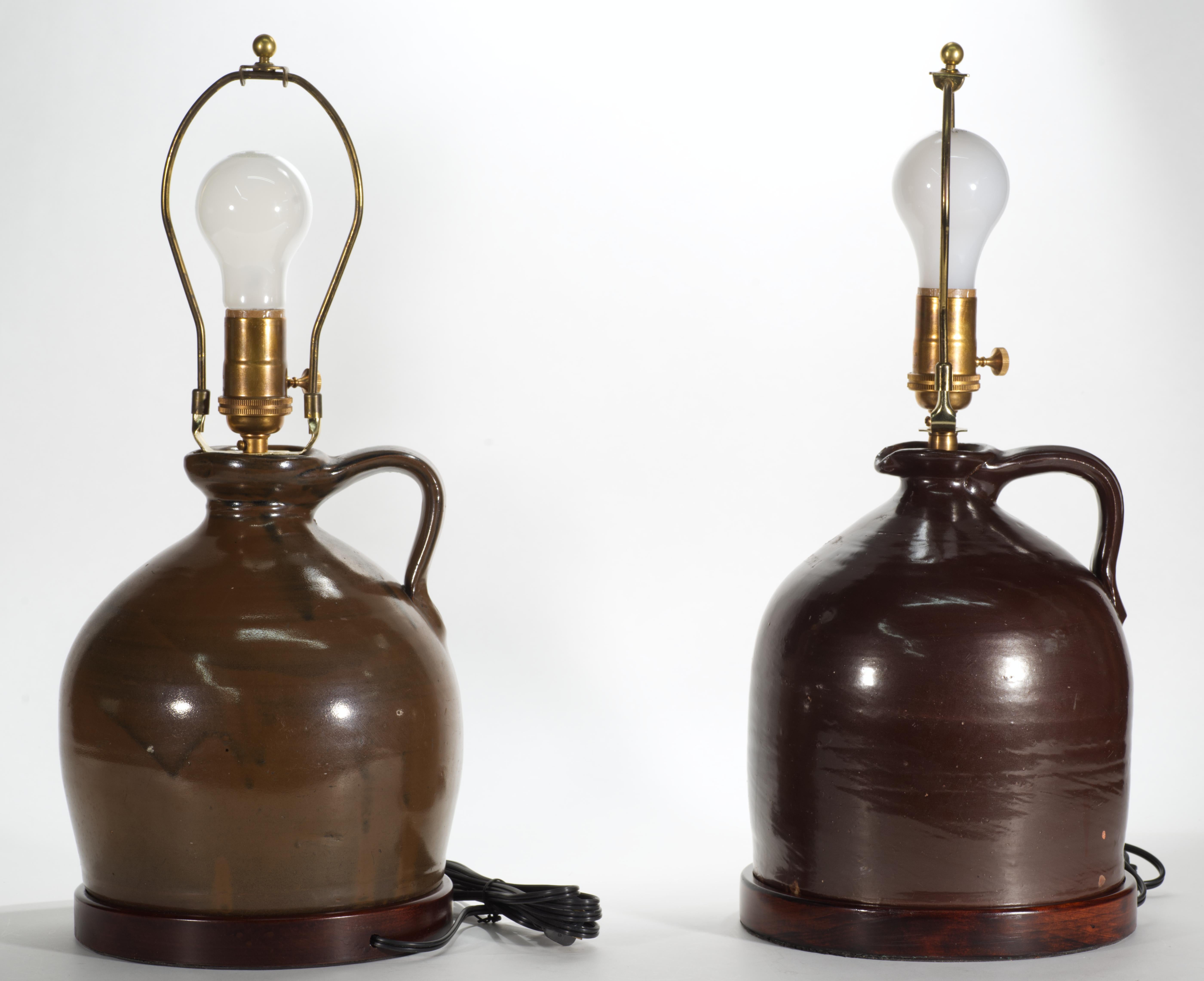 Country Pair of American Brown Stoneware Crock Jug Table Lamps For Sale
