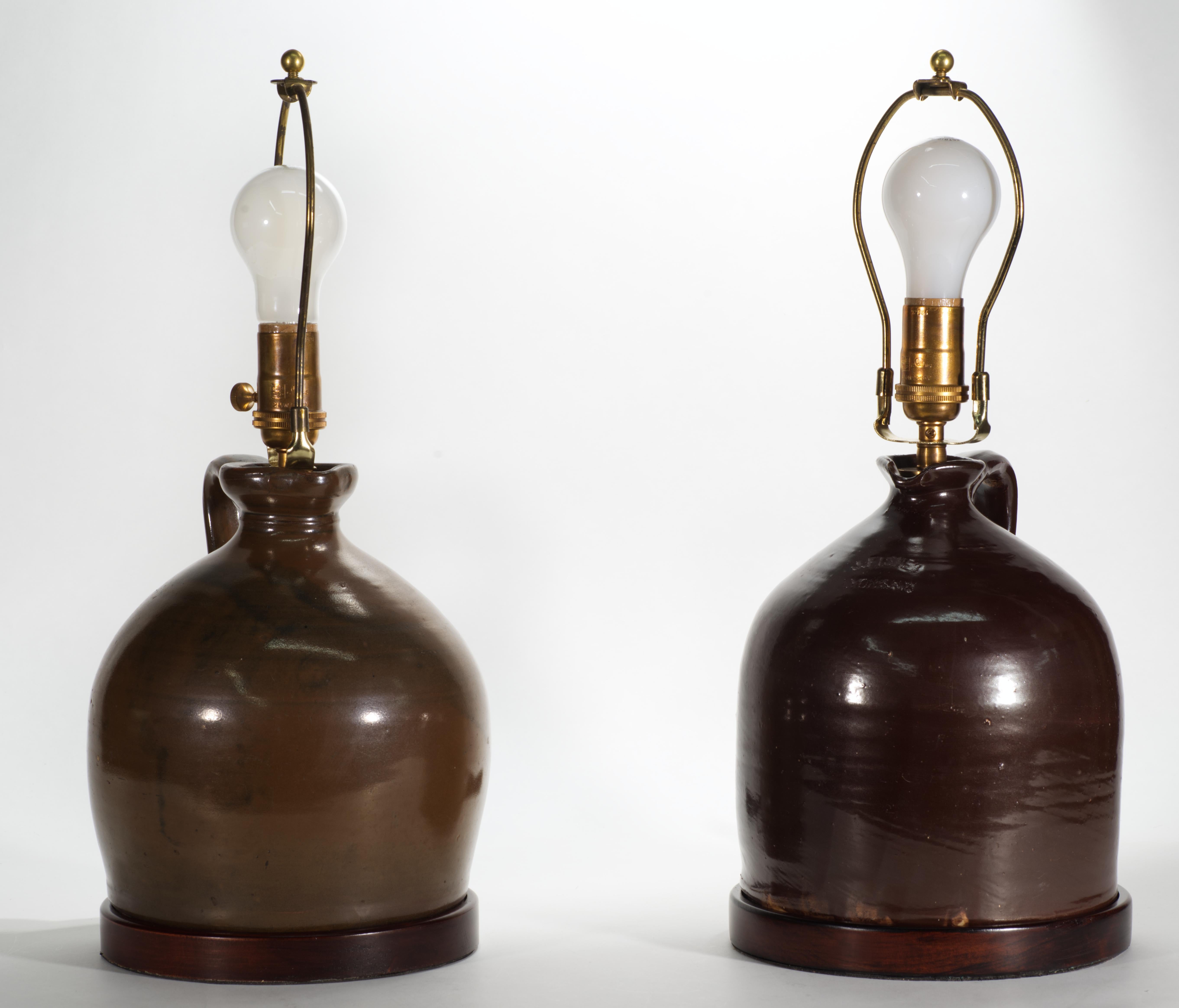 Hand-Crafted Pair of American Brown Stoneware Crock Jug Table Lamps For Sale