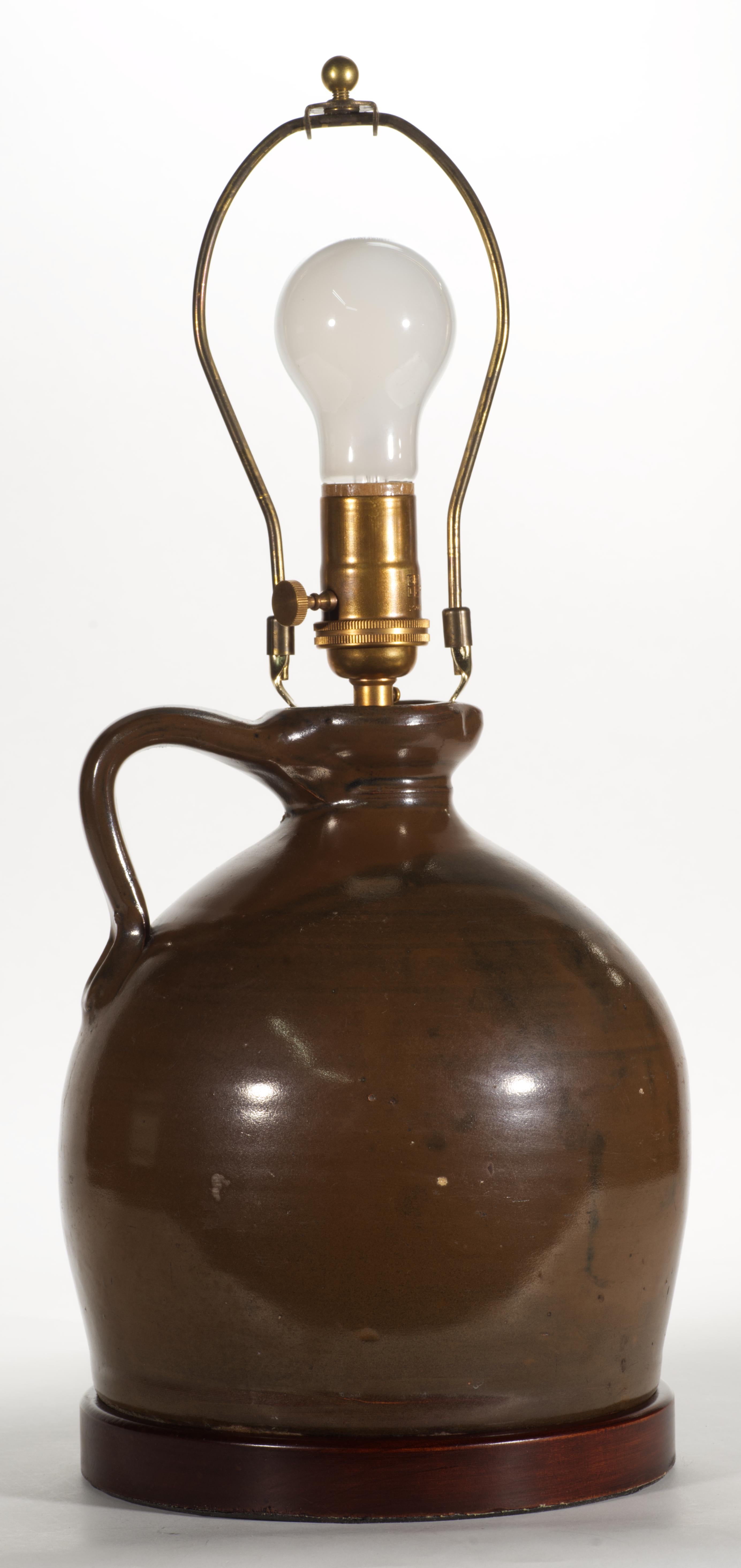 Pair of American Brown Stoneware Crock Jug Table Lamps In Good Condition For Sale In Clifton Springs, NY