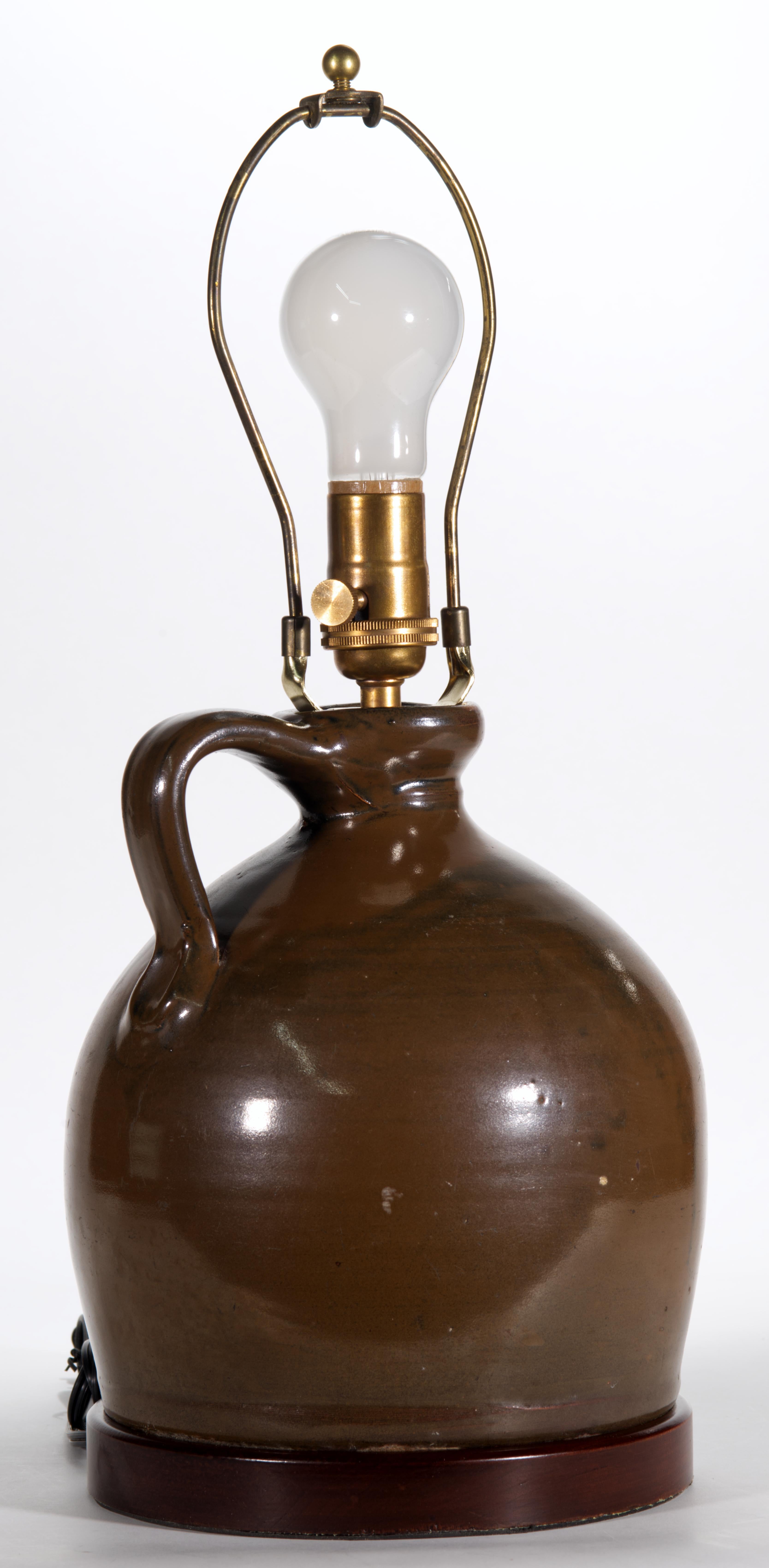 19th Century Pair of American Brown Stoneware Crock Jug Table Lamps For Sale