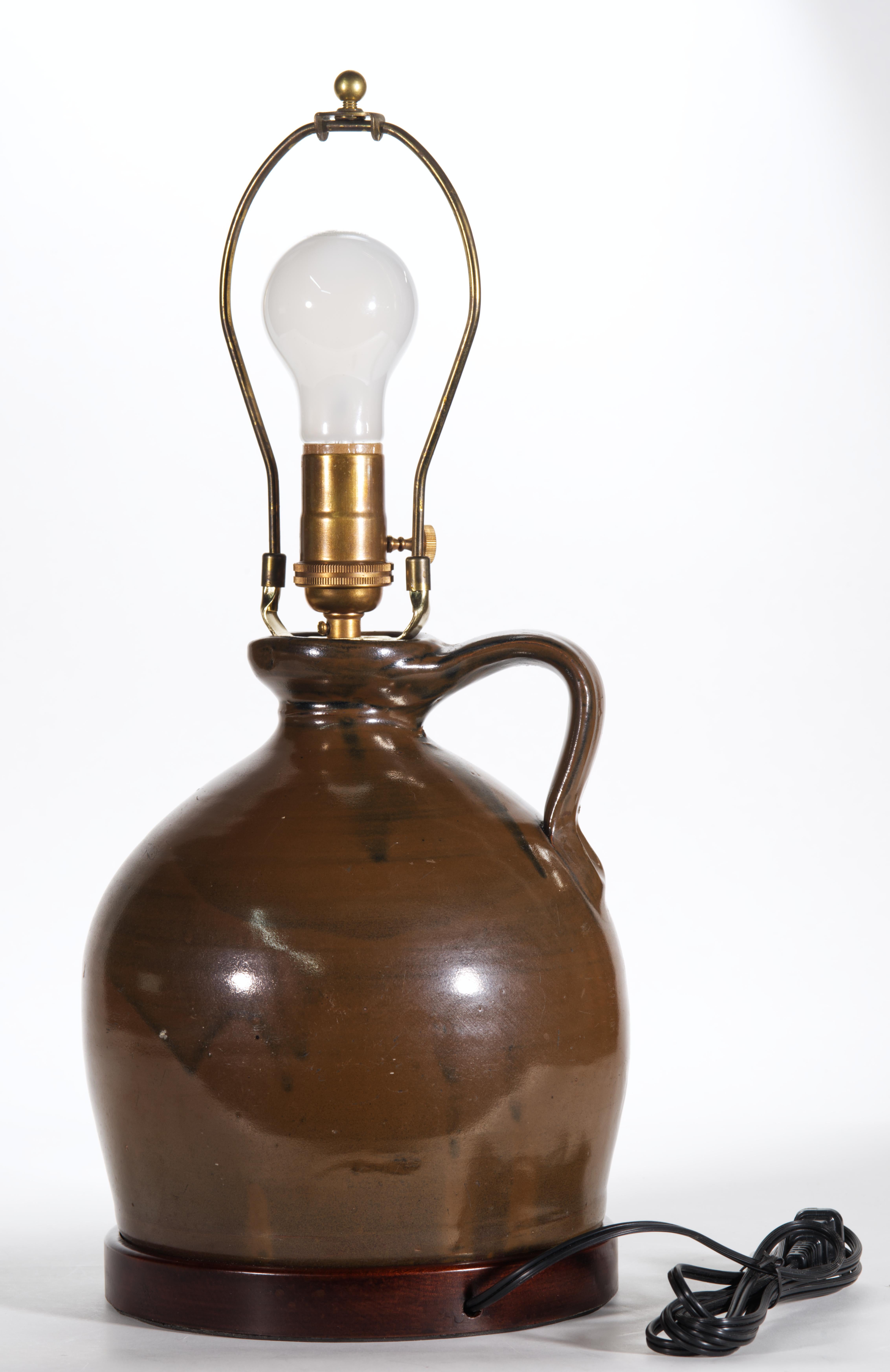 Ceramic Pair of American Brown Stoneware Crock Jug Table Lamps For Sale