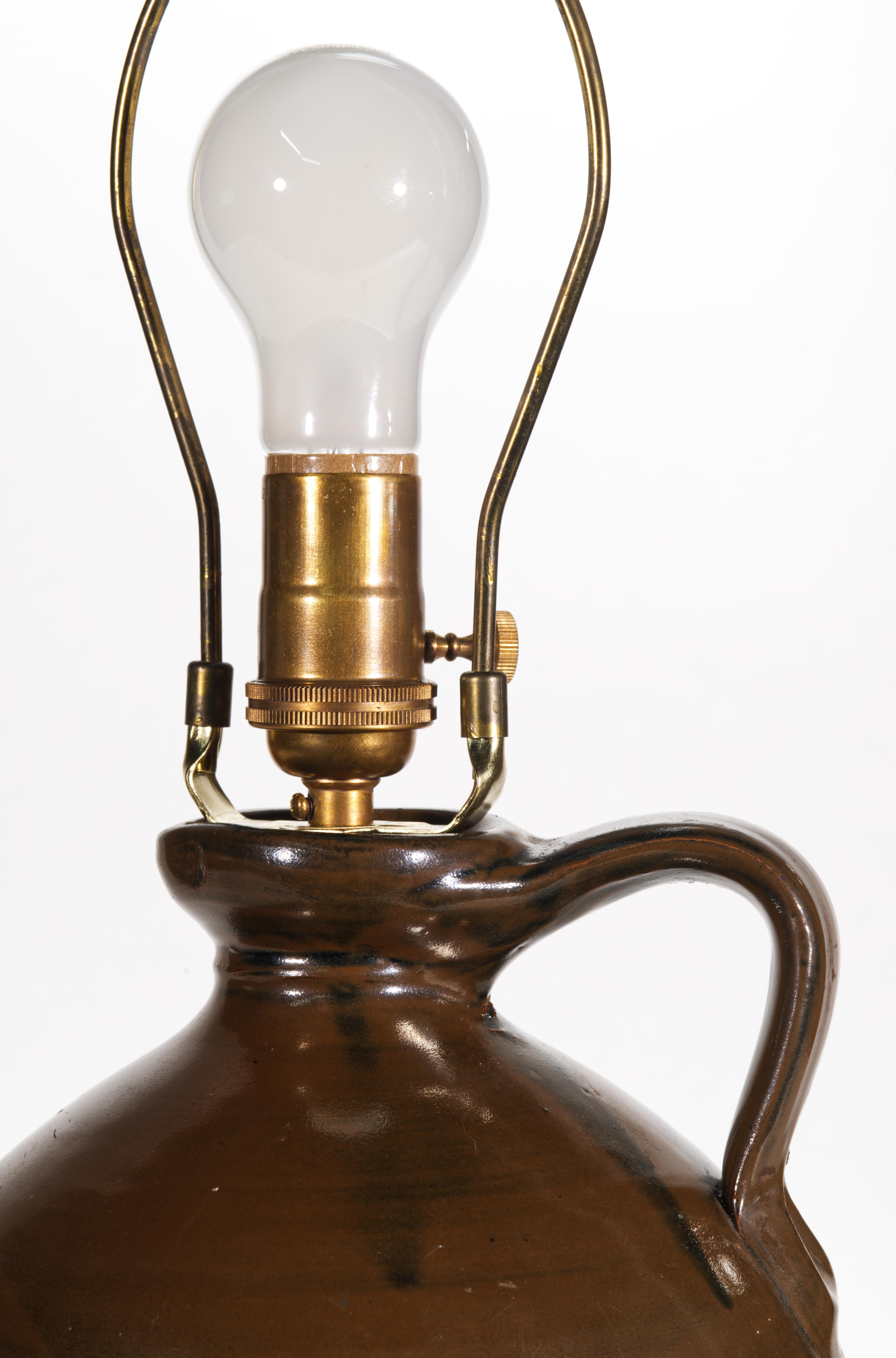 Pair of American Brown Stoneware Crock Jug Table Lamps For Sale 1