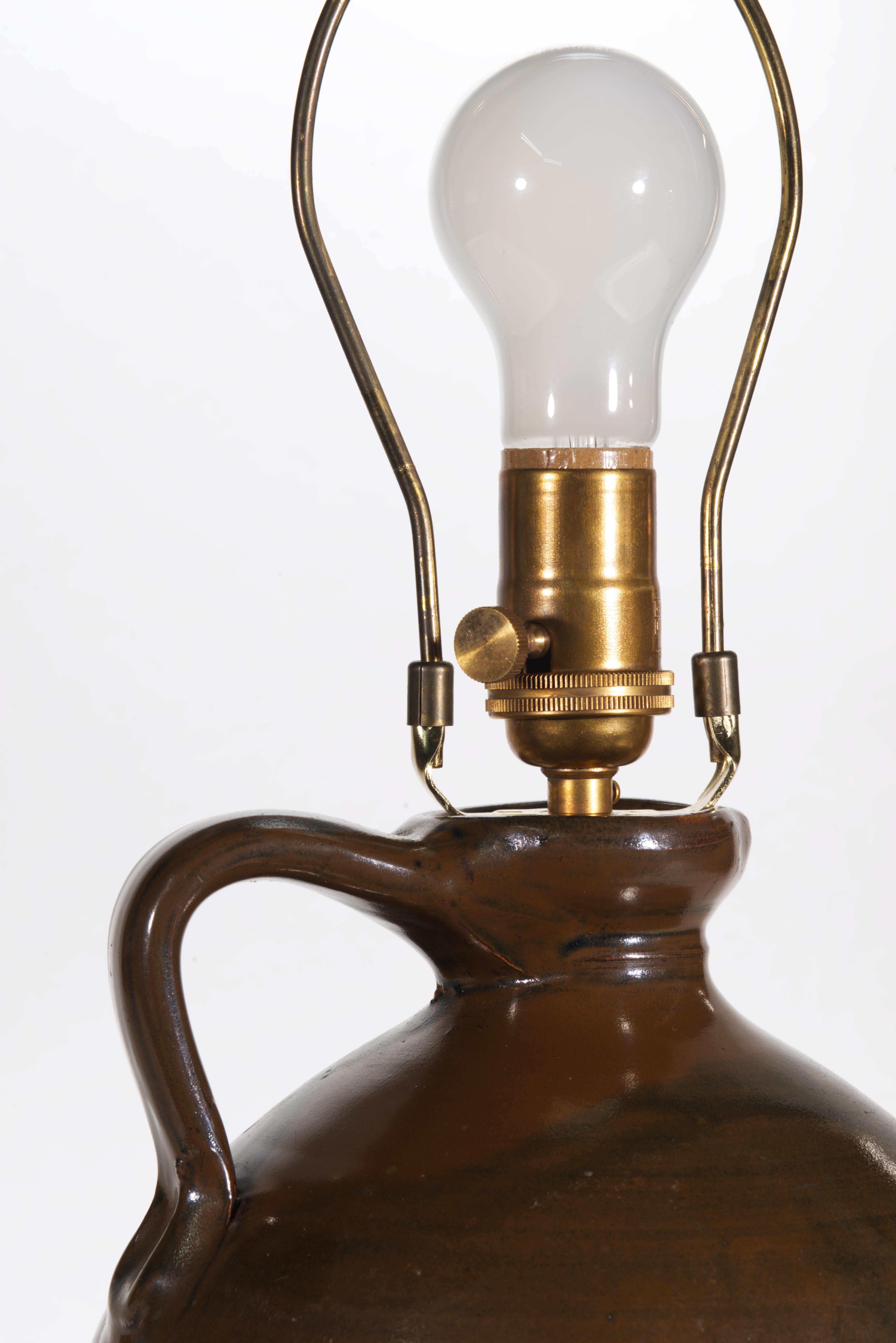 Pair of American Brown Stoneware Crock Jug Table Lamps For Sale 2