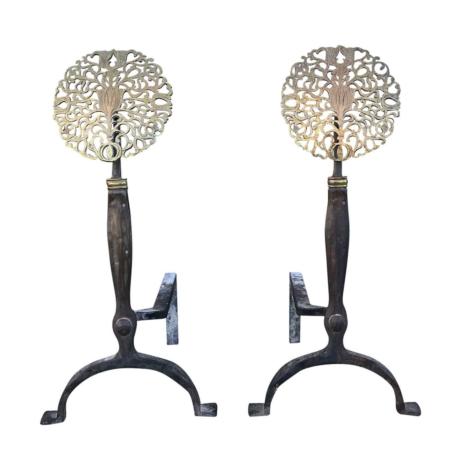 Pair of American, circa 1890-1900 Brass and Iron Medallion Andirons