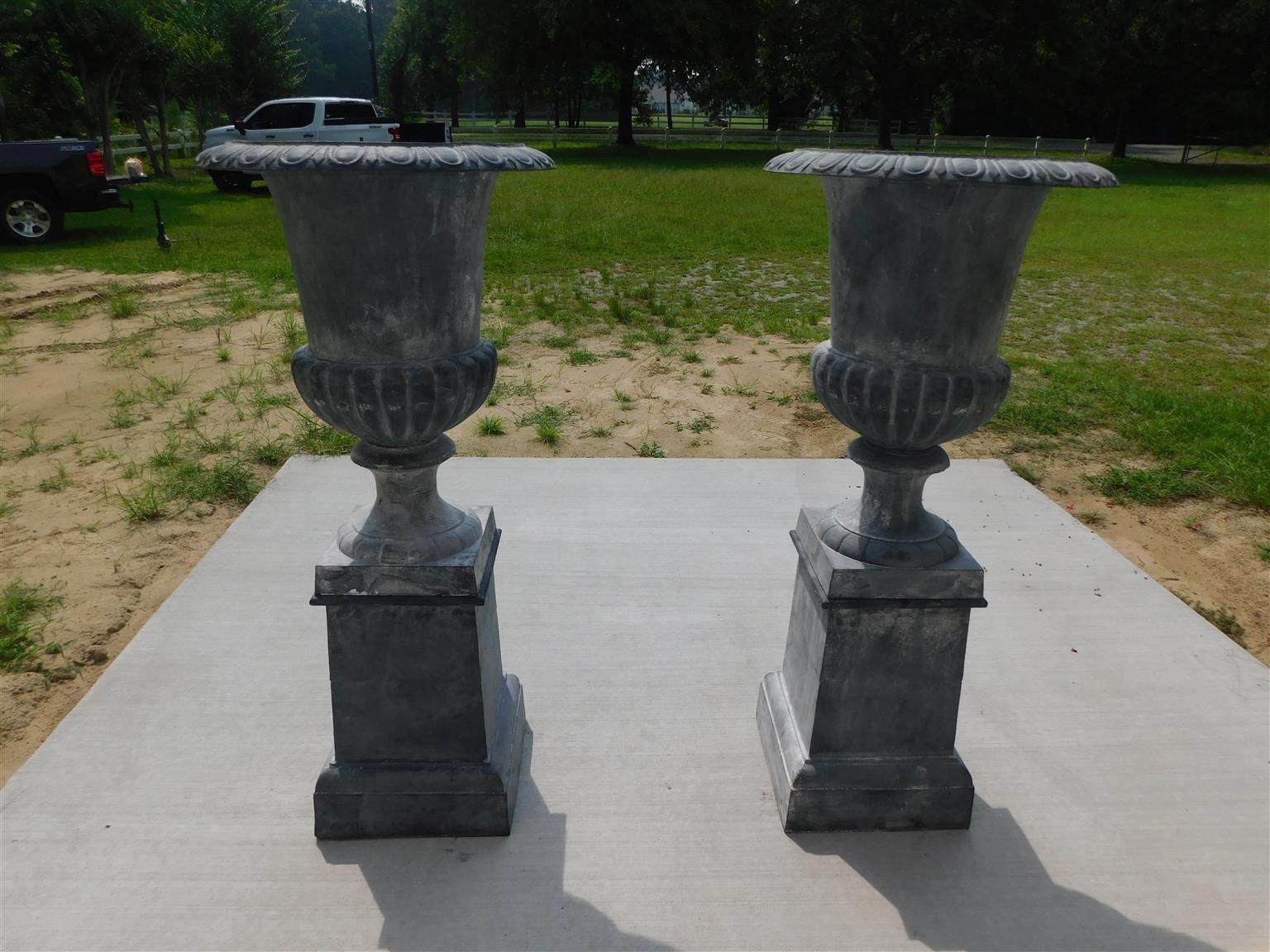 Pair of American Monumental Campana Lead Garden Urns on Plinths, Phil. C. 1820 For Sale 6