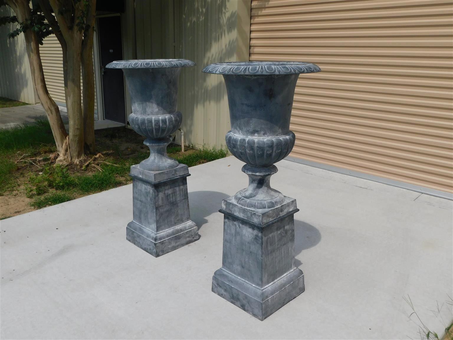 American Empire Pair of American Monumental Campana Lead Garden Urns on Plinths, Phil. C. 1820 For Sale