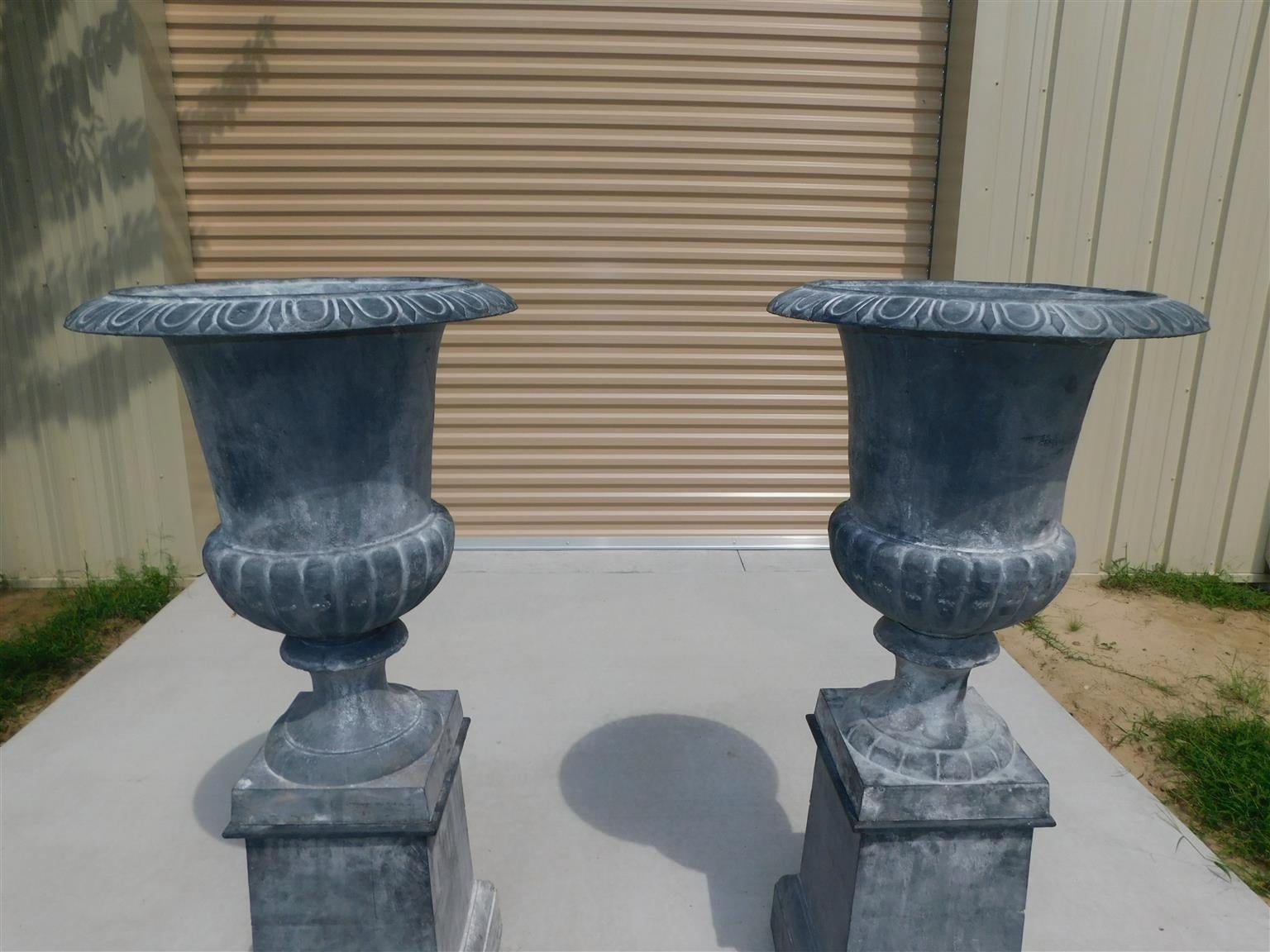 Hand-Crafted Pair of American Monumental Campana Lead Garden Urns on Plinths, Phil. C. 1820 For Sale