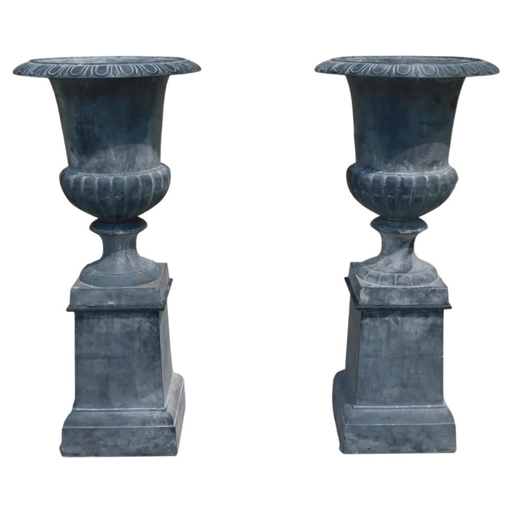 Pair of American Monumental Campana Lead Garden Urns on Plinths, Phil. C. 1820 For Sale