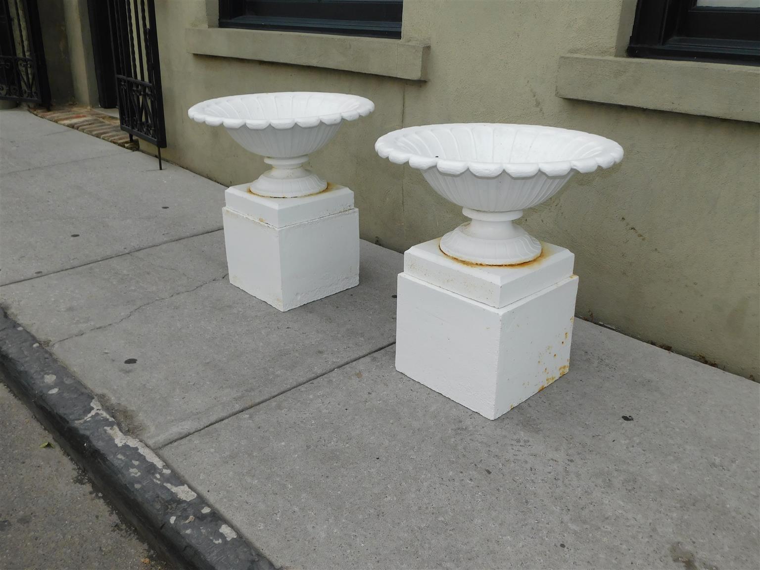 American Empire Pair of American Campana Form Powered Coated Garden Urns on Plinths, Circa 1850 For Sale