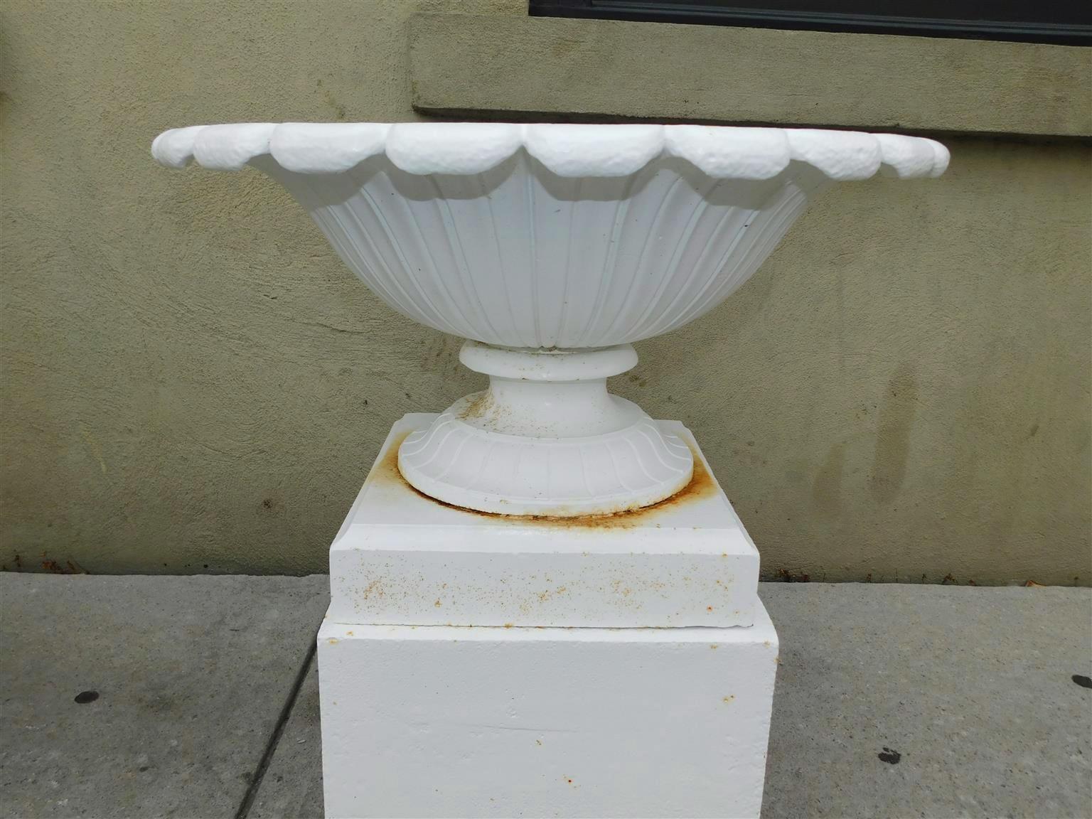 Cast Pair of American Campana Form Powered Coated Garden Urns on Plinths, Circa 1850 For Sale
