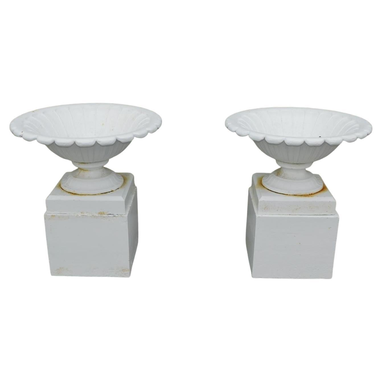Pair of American Campana Form Powered Coated Garden Urns on Plinths, Circa 1850 For Sale