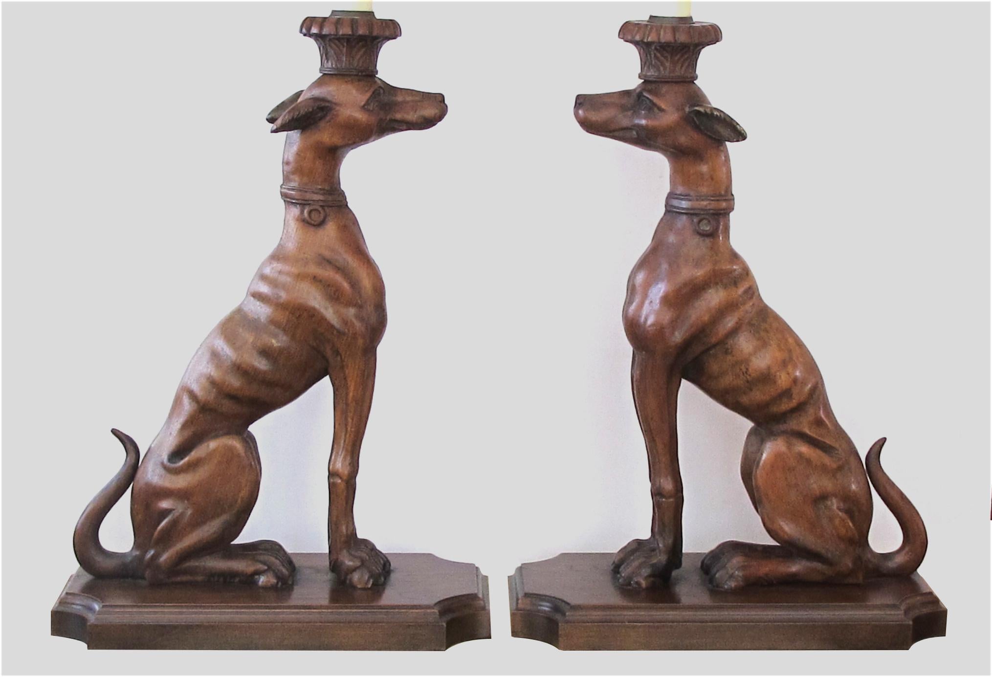 Pair of American Carved Wooden Greyhounds Now Mounted as Lamps 5