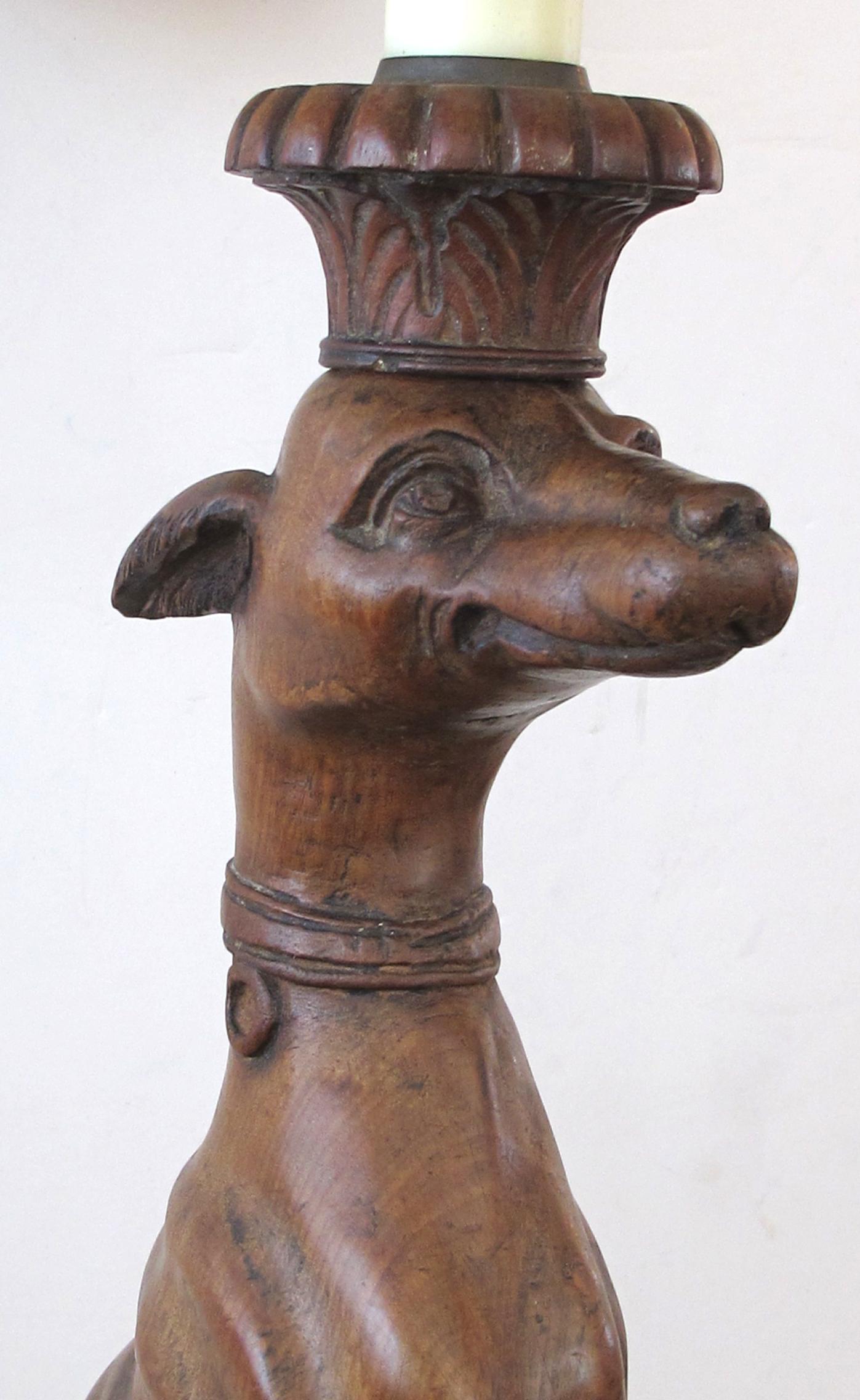 Arts and Crafts Pair of American Carved Wooden Greyhounds Now Mounted as Lamps
