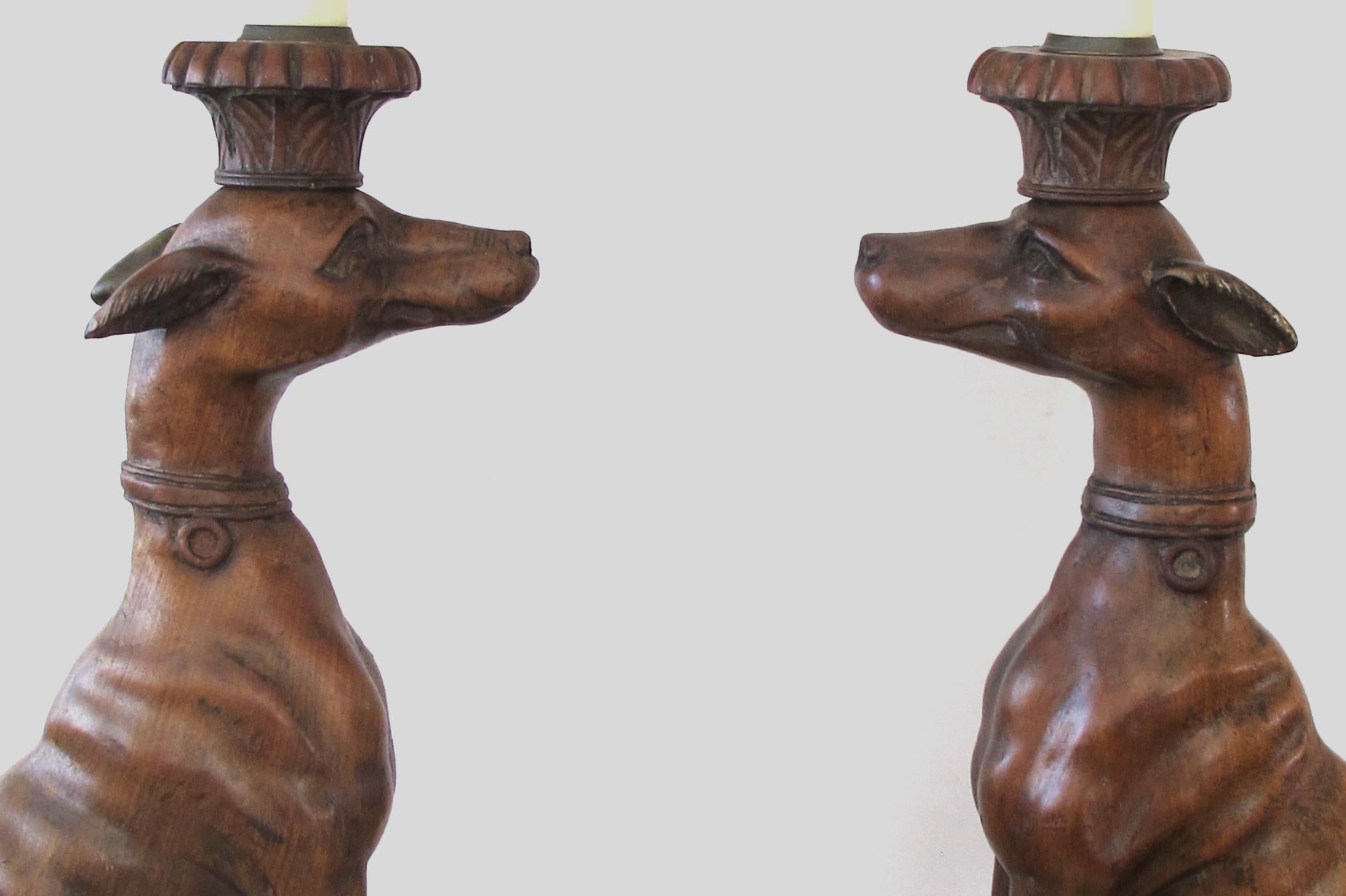 Pair of American Carved Wooden Greyhounds Now Mounted as Lamps 4