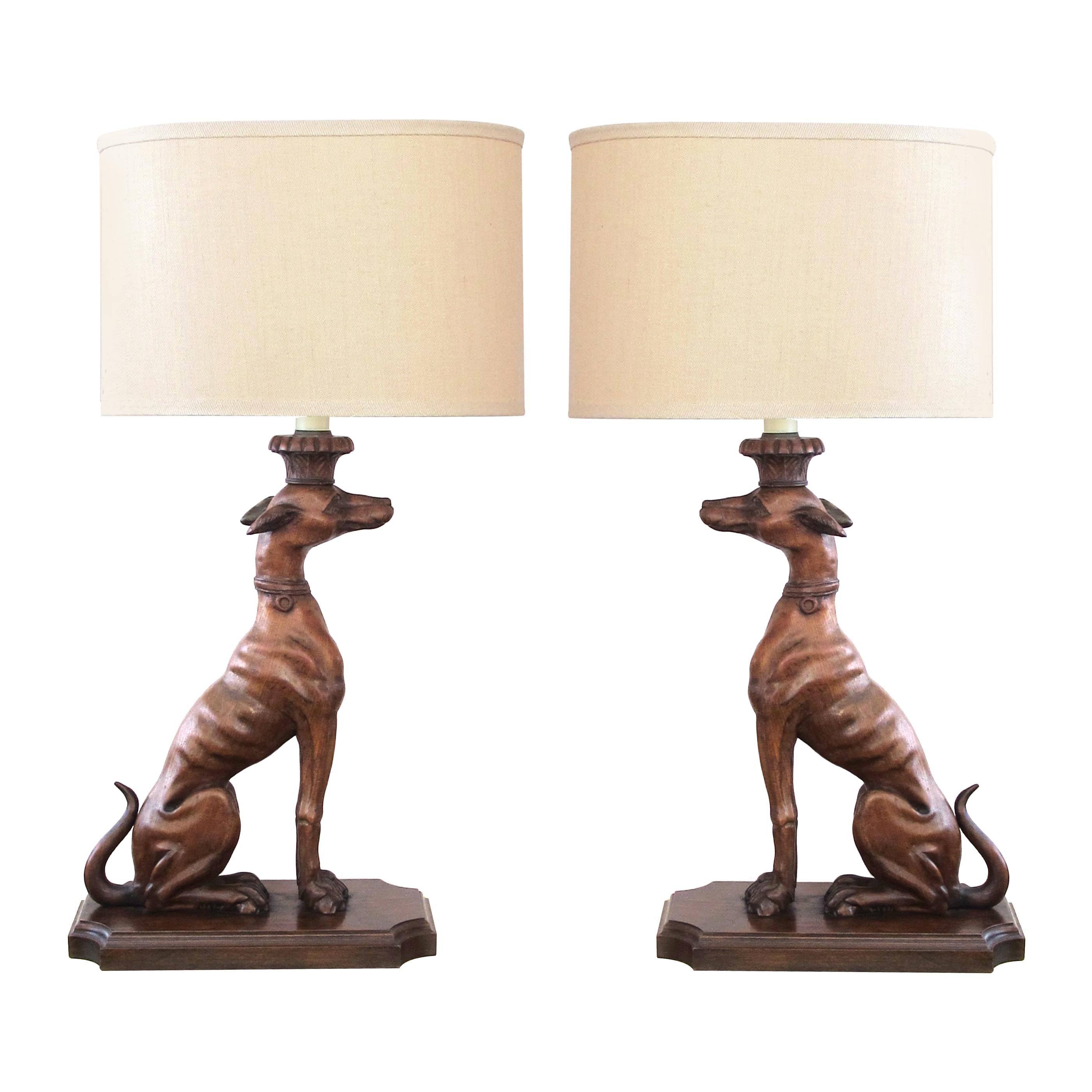 Pair of American Carved Wooden Greyhounds Now Mounted as Lamps