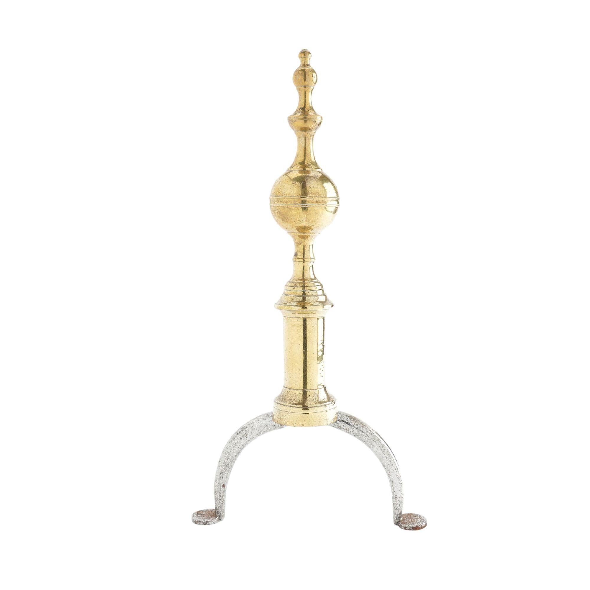 19th Century Pair of American cast brass and forged iron steeple top andirons, 1812-15 For Sale