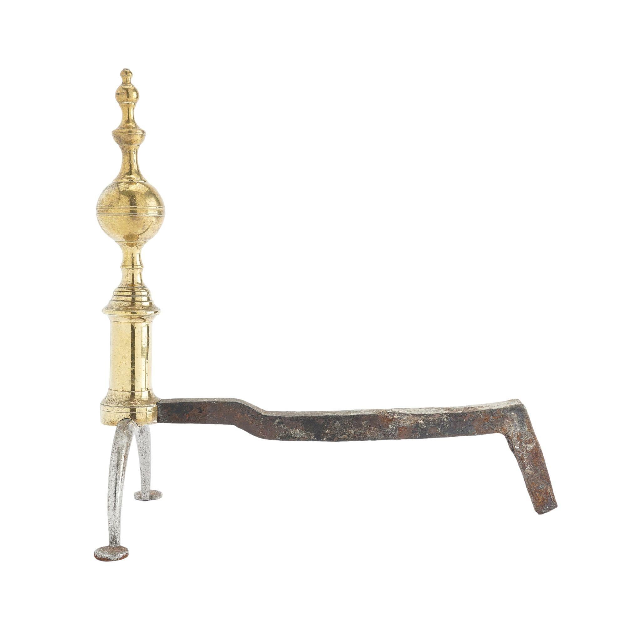 Brass Pair of American cast brass and forged iron steeple top andirons, 1812-15 For Sale