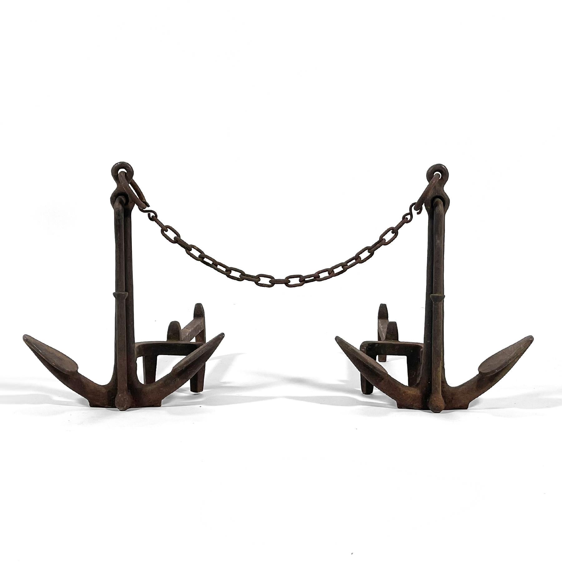 Pair of American Cast Iron Anchor Andirons For Sale 4
