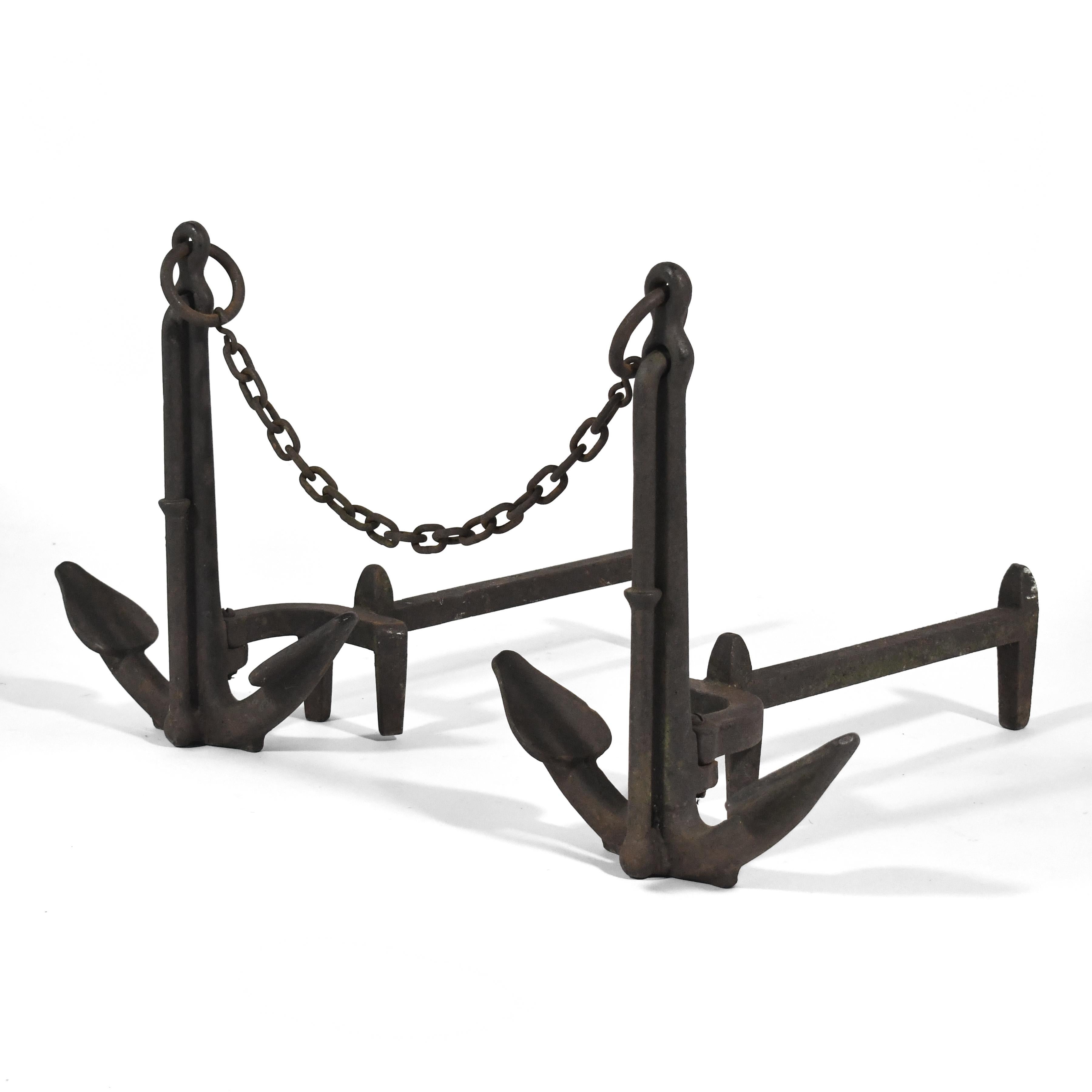 Other Pair of American Cast Iron Anchor Andirons For Sale