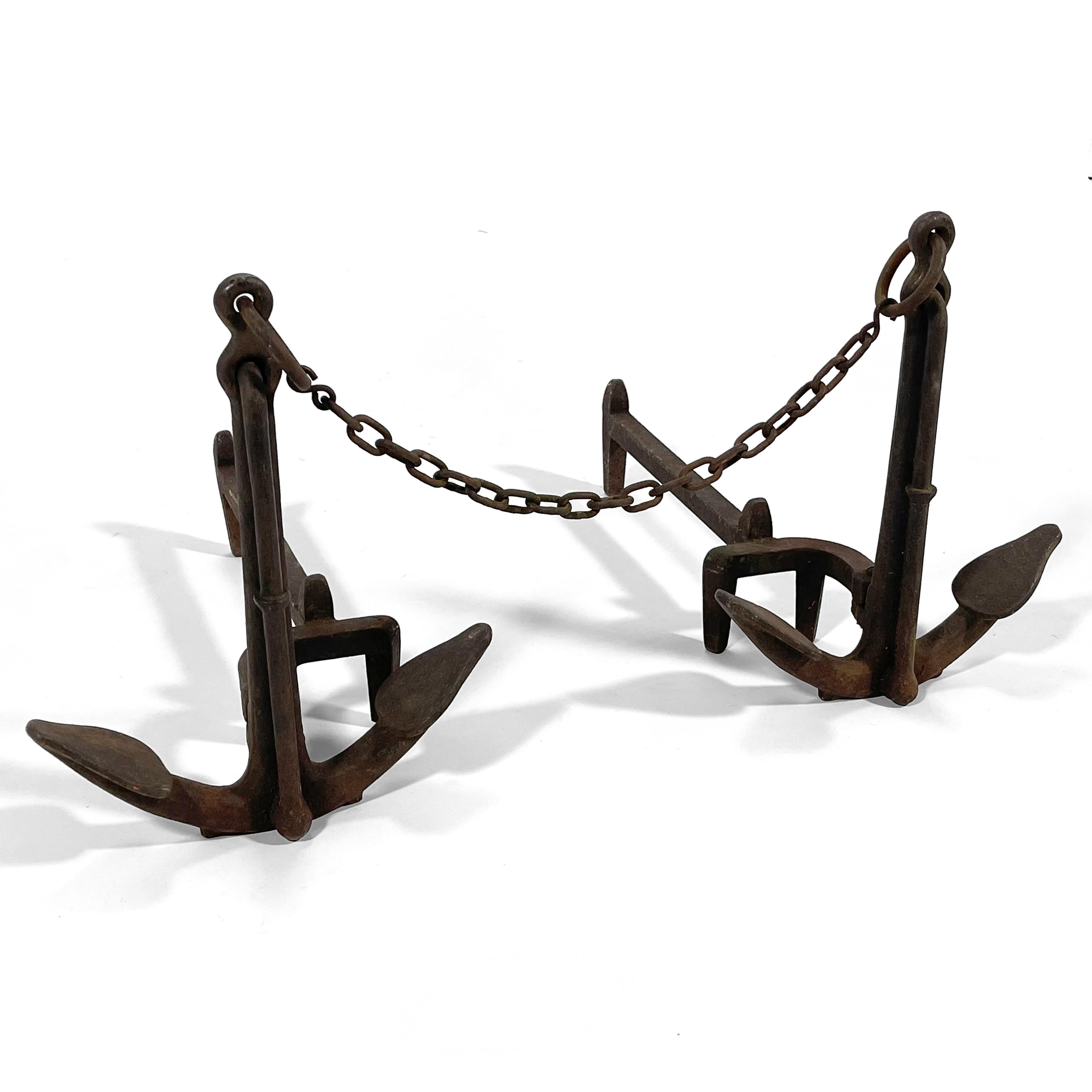 Pair of American Cast Iron Anchor Andirons For Sale 1