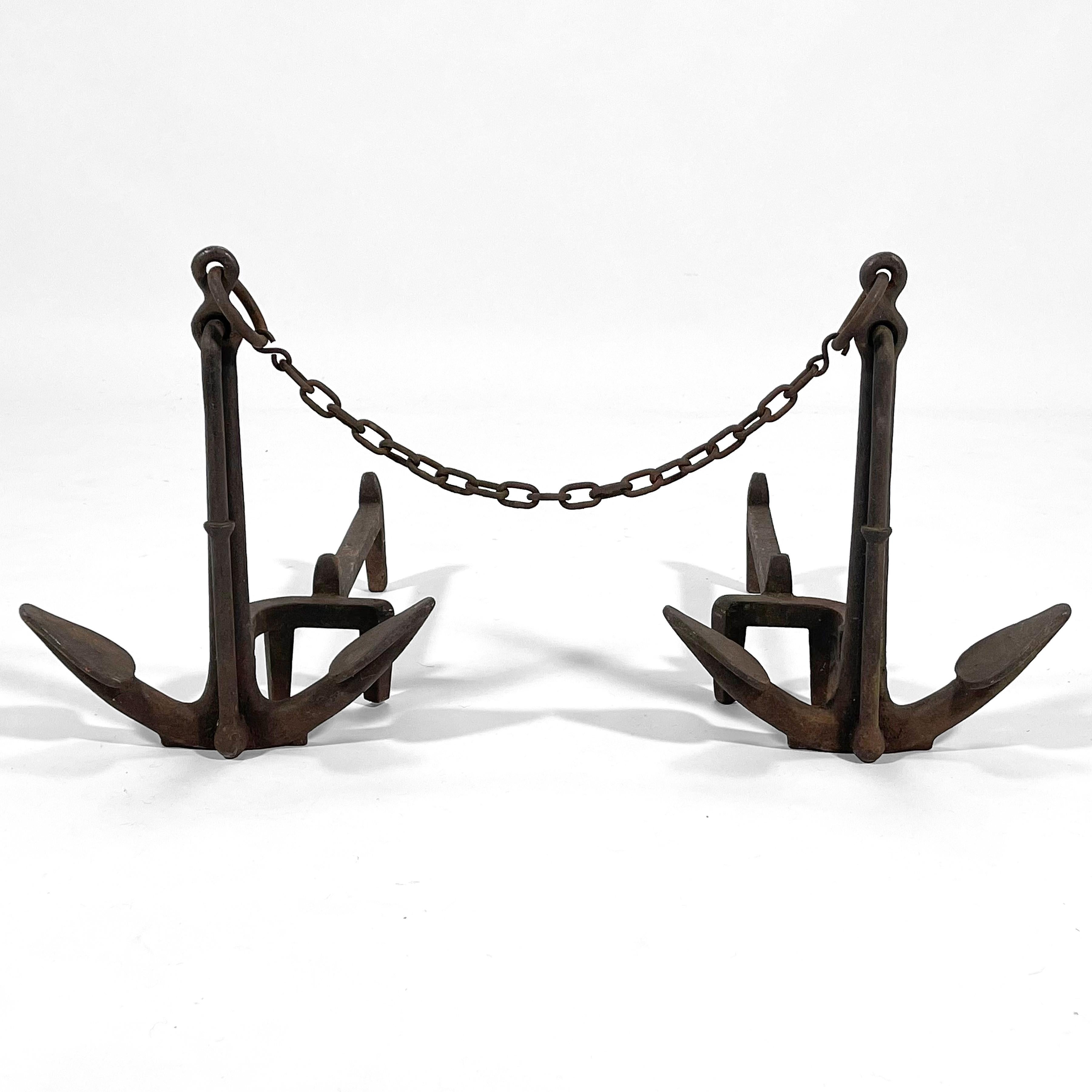 Pair of American Cast Iron Anchor Andirons For Sale 2