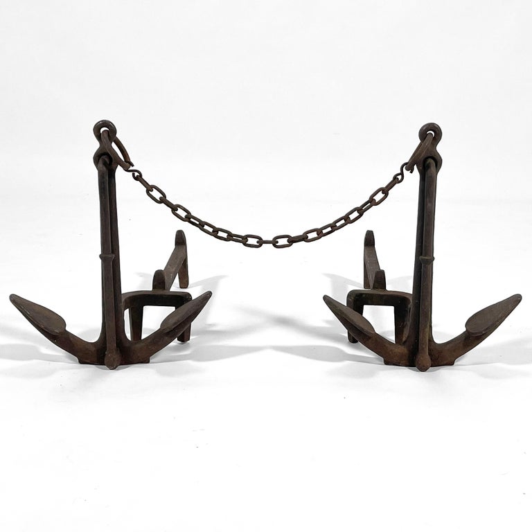 Pair of American Cast Iron Anchor Andirons For Sale at 1stDibs