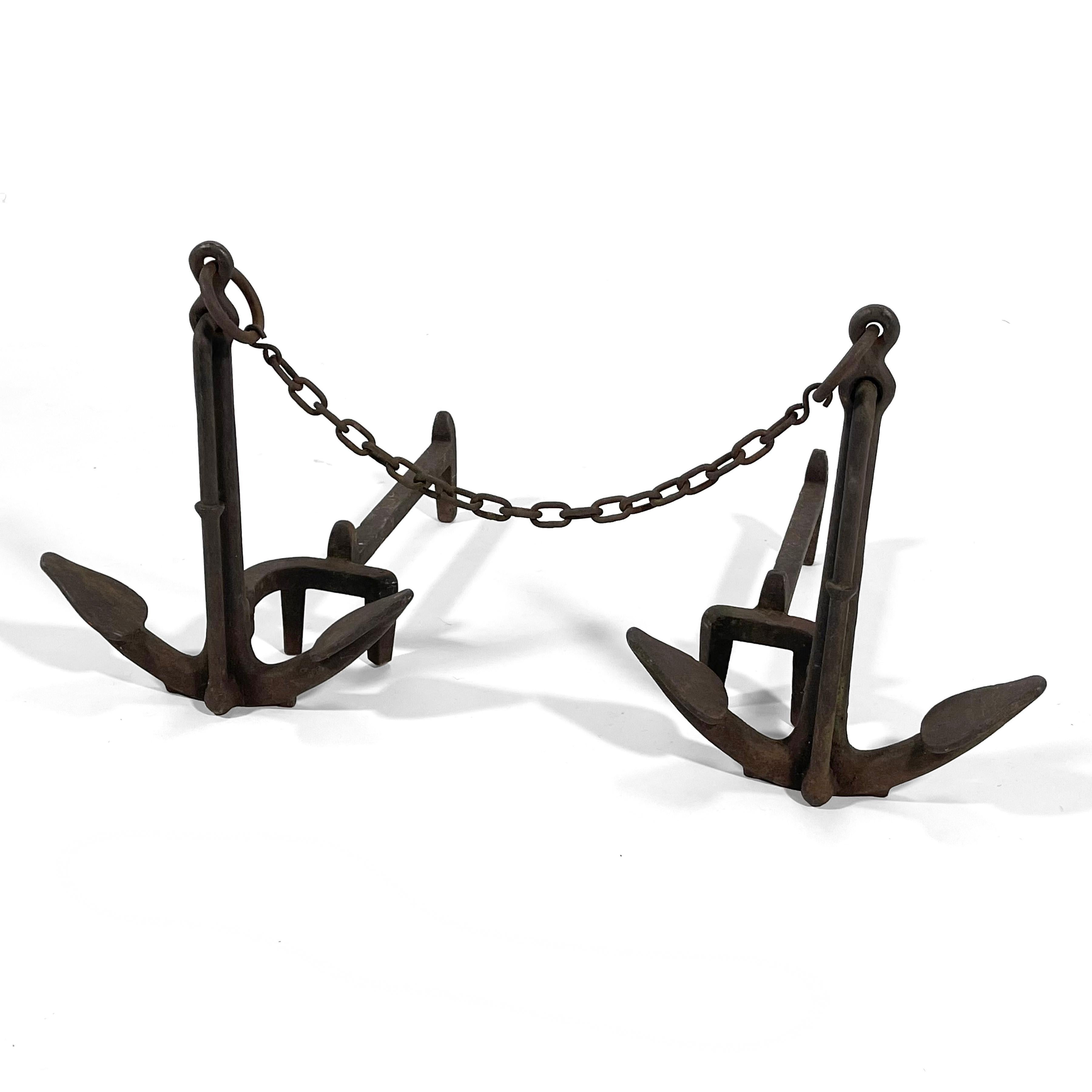 Pair of American Cast Iron Anchor Andirons For Sale 3