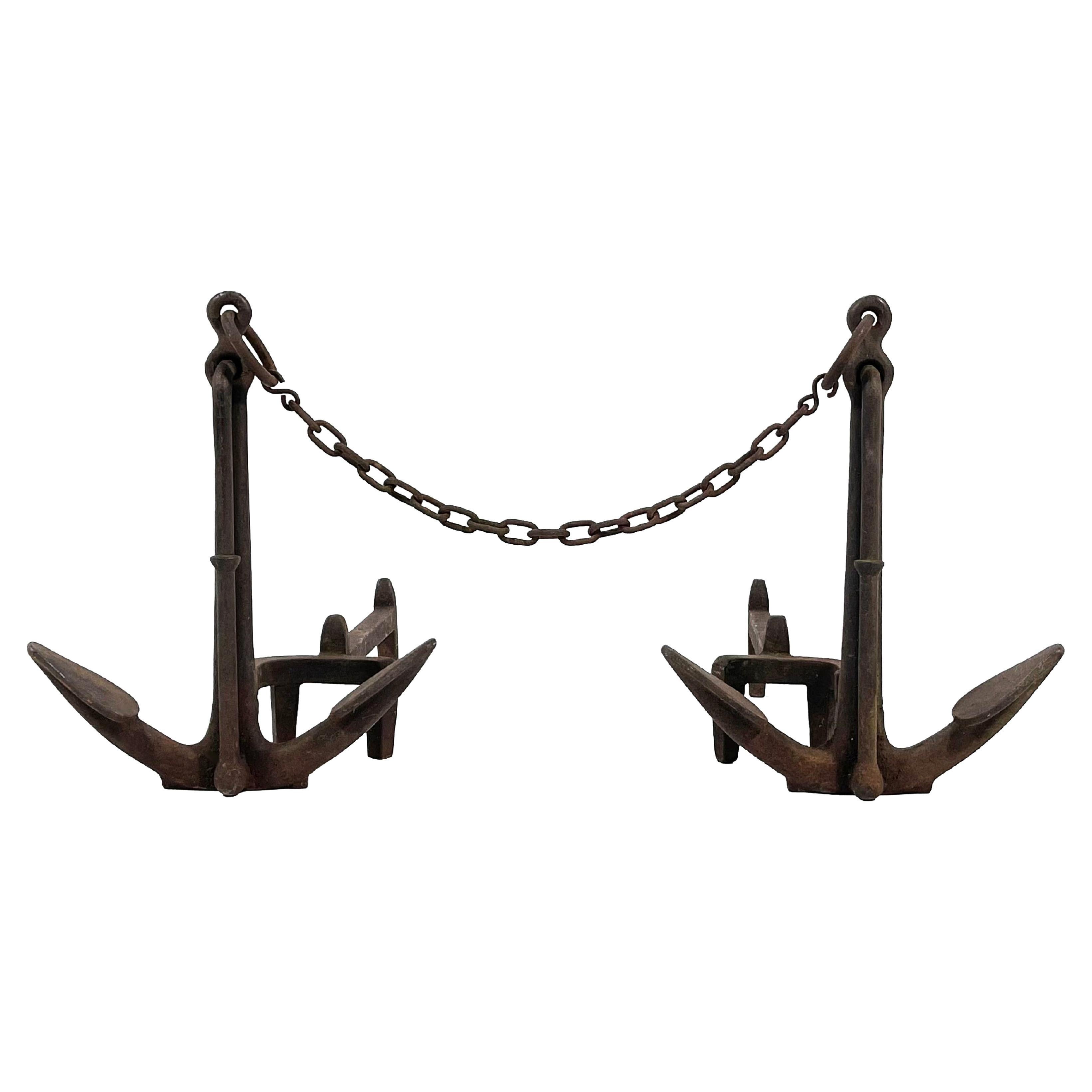 Pair of American Cast Iron Anchor Andirons