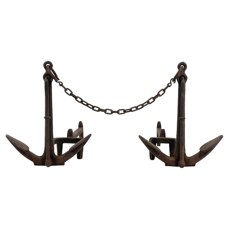 Pair of American Cast Iron Anchor Andirons For Sale at 1stDibs