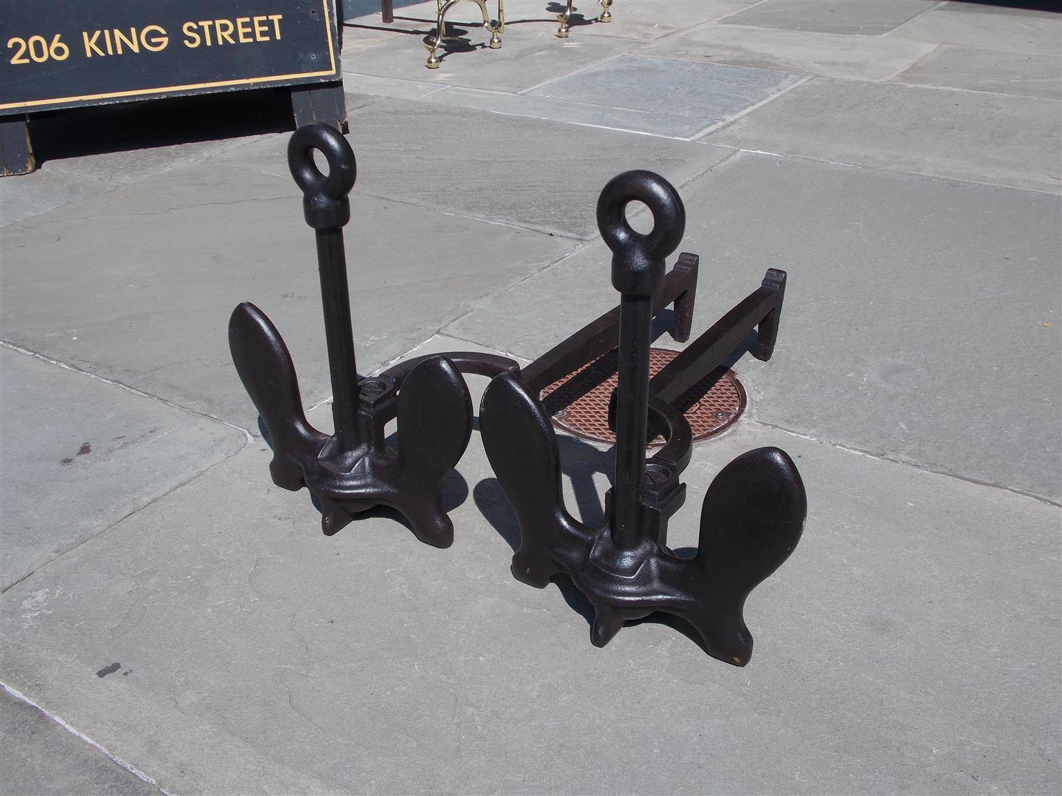Late 19th Century Pair of American Cast Iron Anchor Andirons with Circular Ringed Columns. C. 1870 For Sale