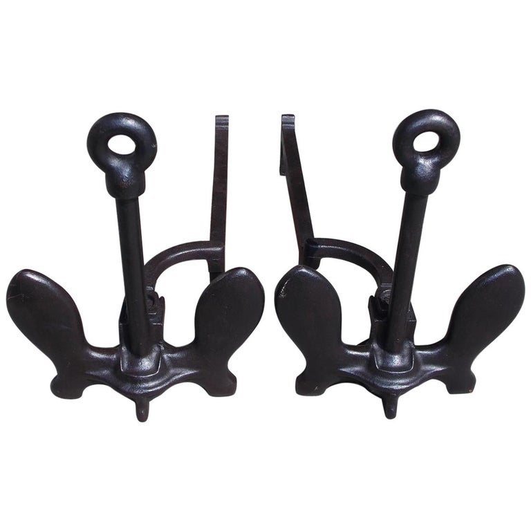 Pair of American Cast Iron Anchor Andirons with Circular Ringed Columns