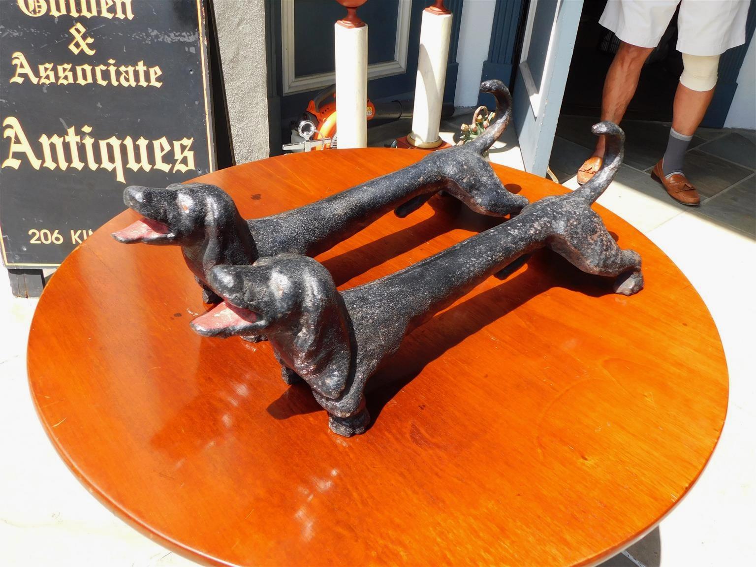 American Empire Pair of American Cast Iron and Painted Dachshund Fire Place Andirons, Circa 1870 For Sale