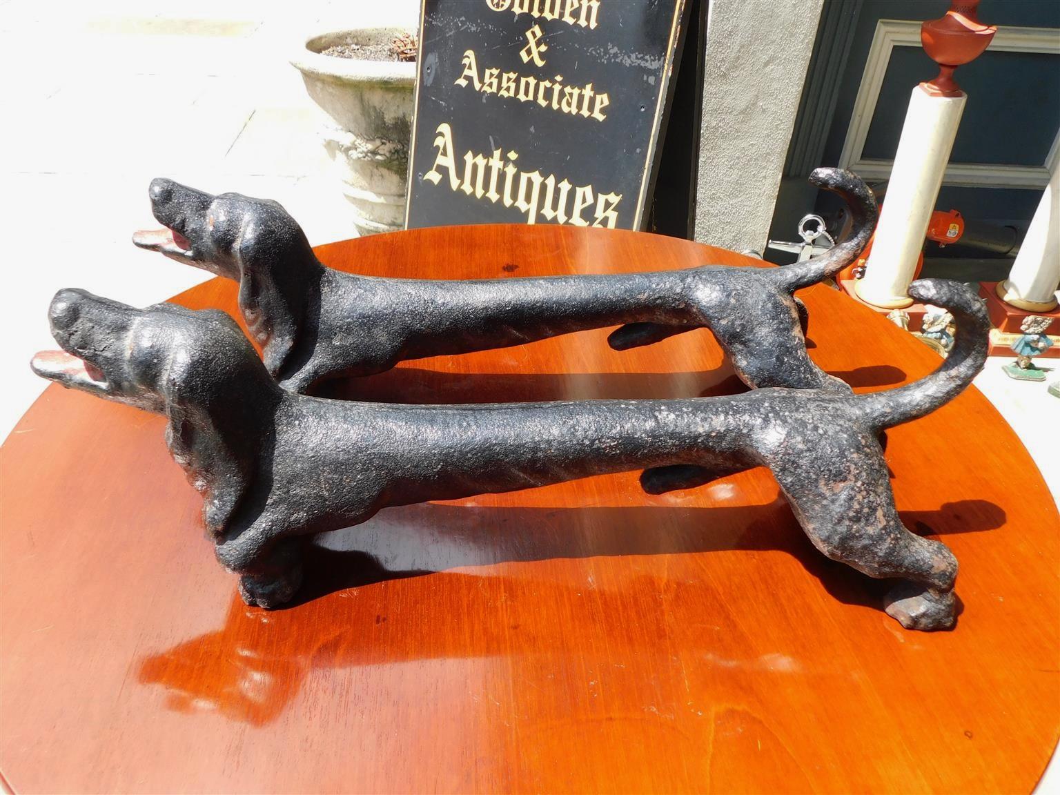 Pair of American Cast Iron and Painted Dachshund Fire Place Andirons, Circa 1870 In Excellent Condition For Sale In Hollywood, SC