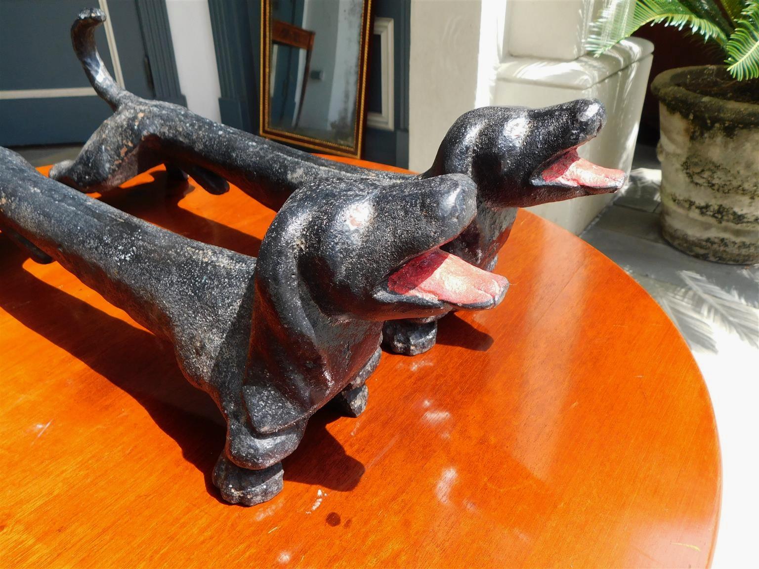 Pair of American Cast Iron and Painted Dachshund Fire Place Andirons, Circa 1870 For Sale 1