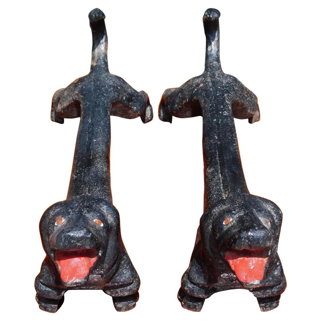 Pair of American Cast Iron and Painted Dachshund Fire Place Andirons, Circa 1870 For Sale