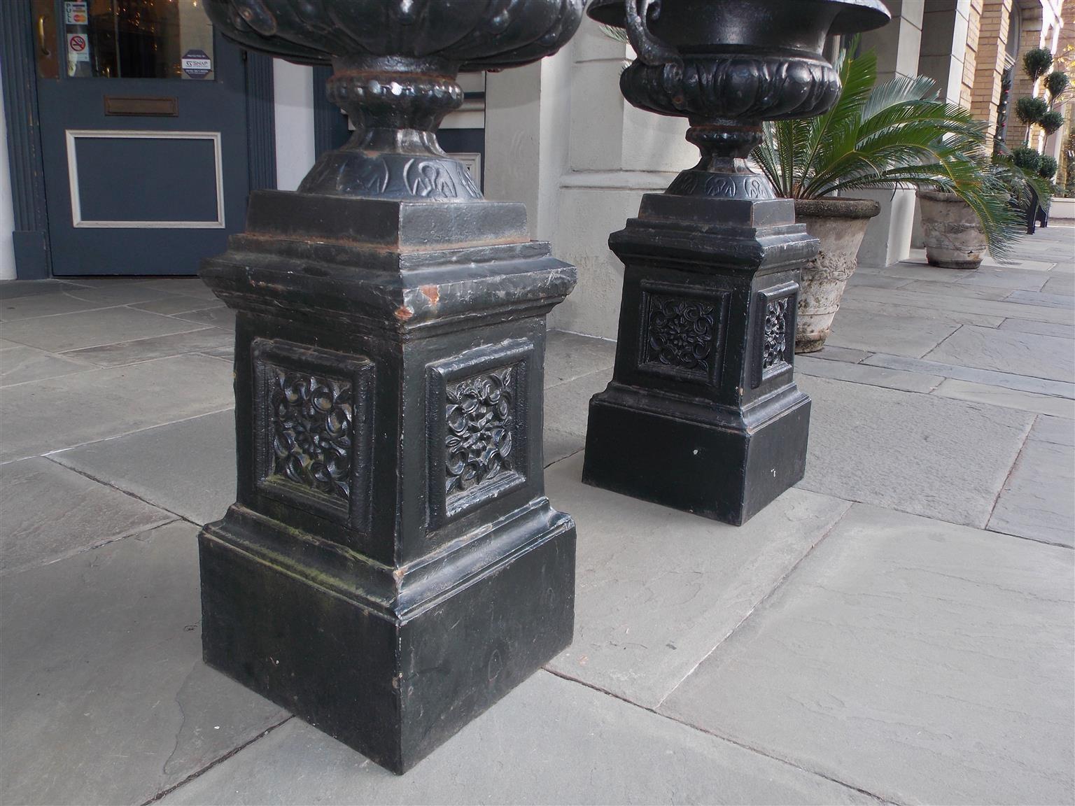 Pair of American Cast Iron Campana-Form Floral Garden Urns on Plinths Circa 1880 For Sale 6