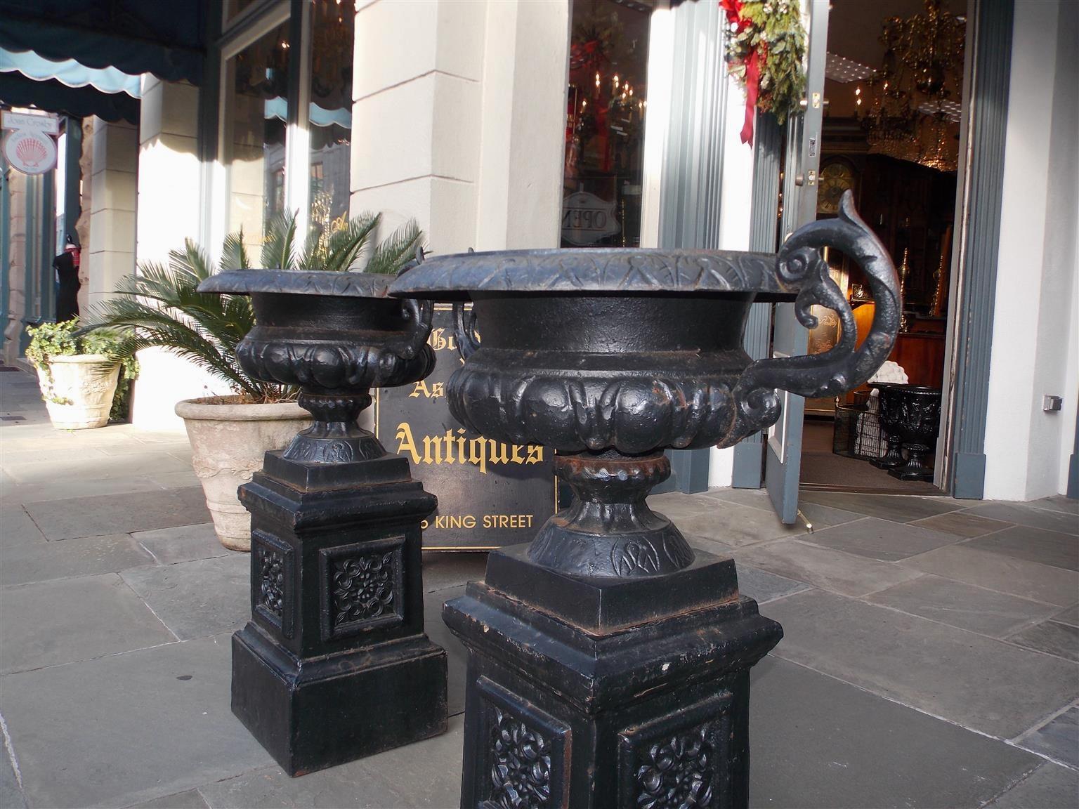 Pair of American Cast Iron Campana-Form Floral Garden Urns on Plinths Circa 1880 For Sale 7